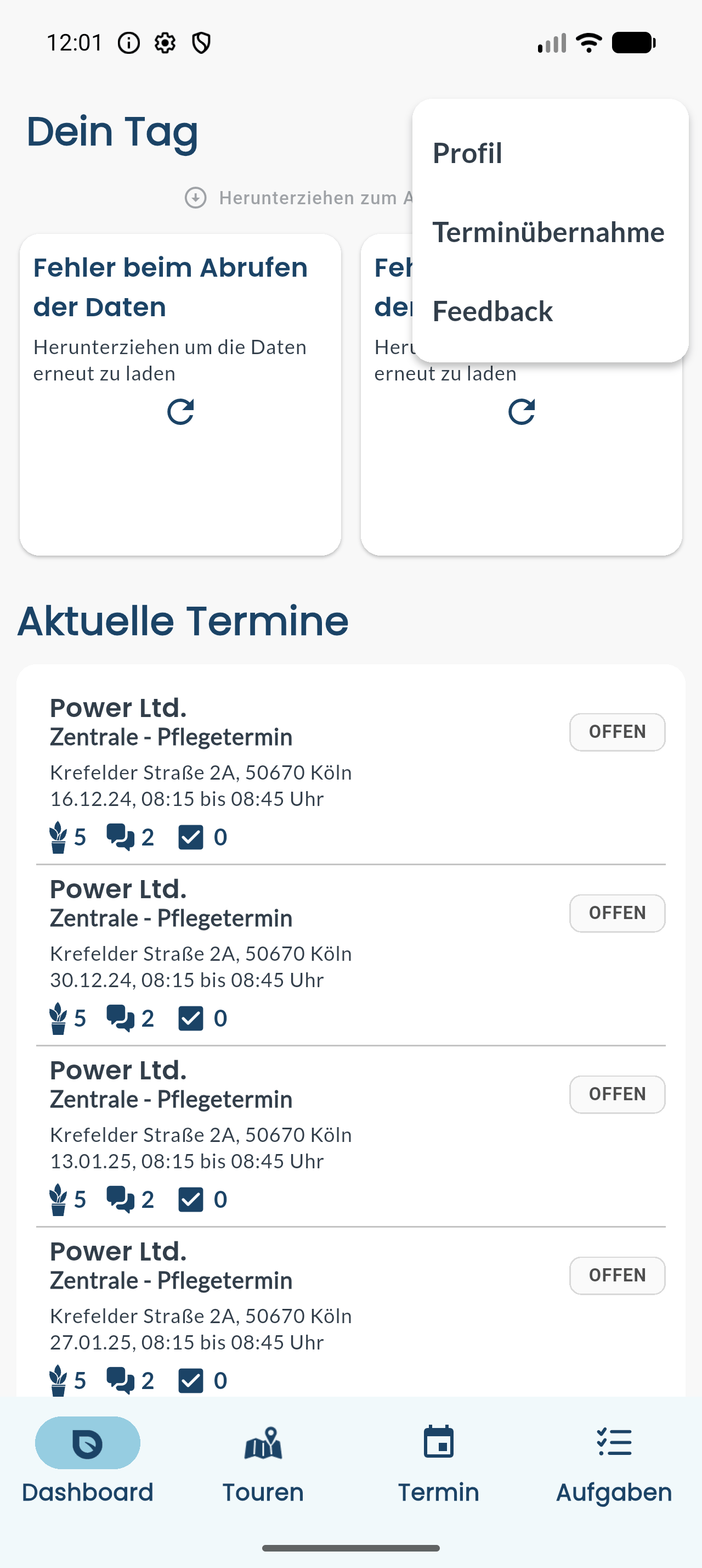 App mit geöffnetem Menü und dem Eintrag „Profil“ sowie der unteren Navigationsleiste