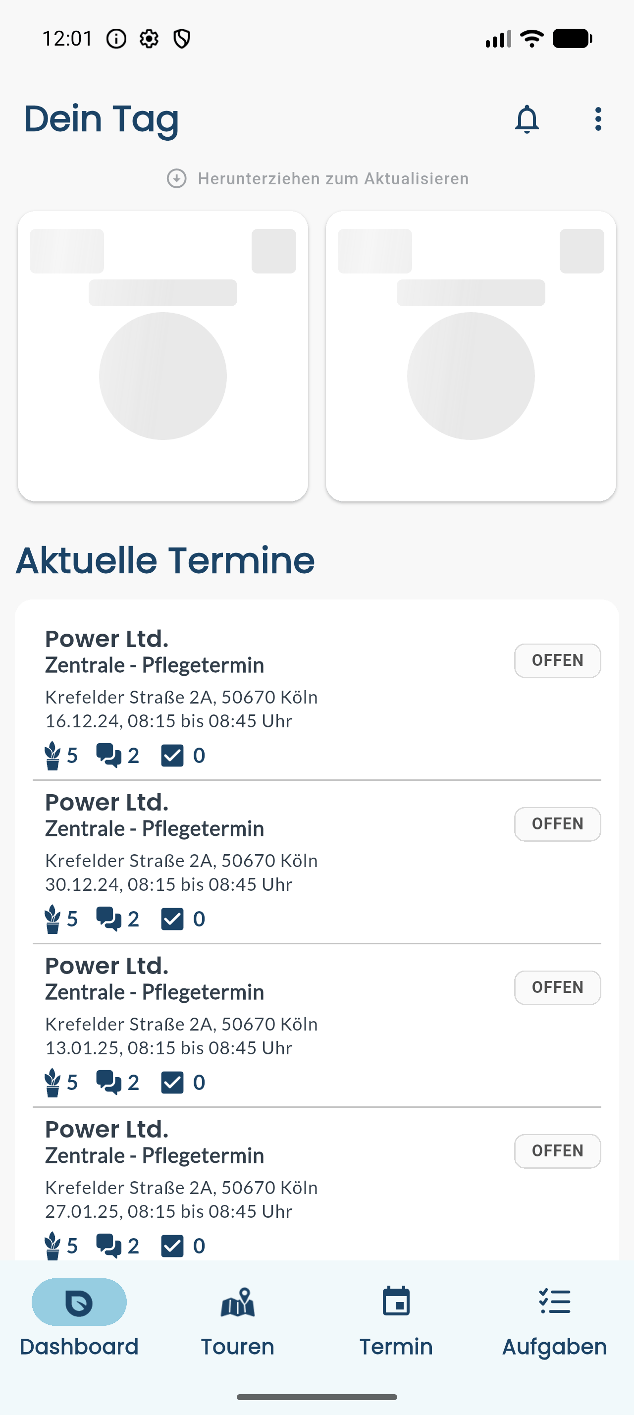 App-Startseite „Dein Tag“ mit der Terminliste des Tages