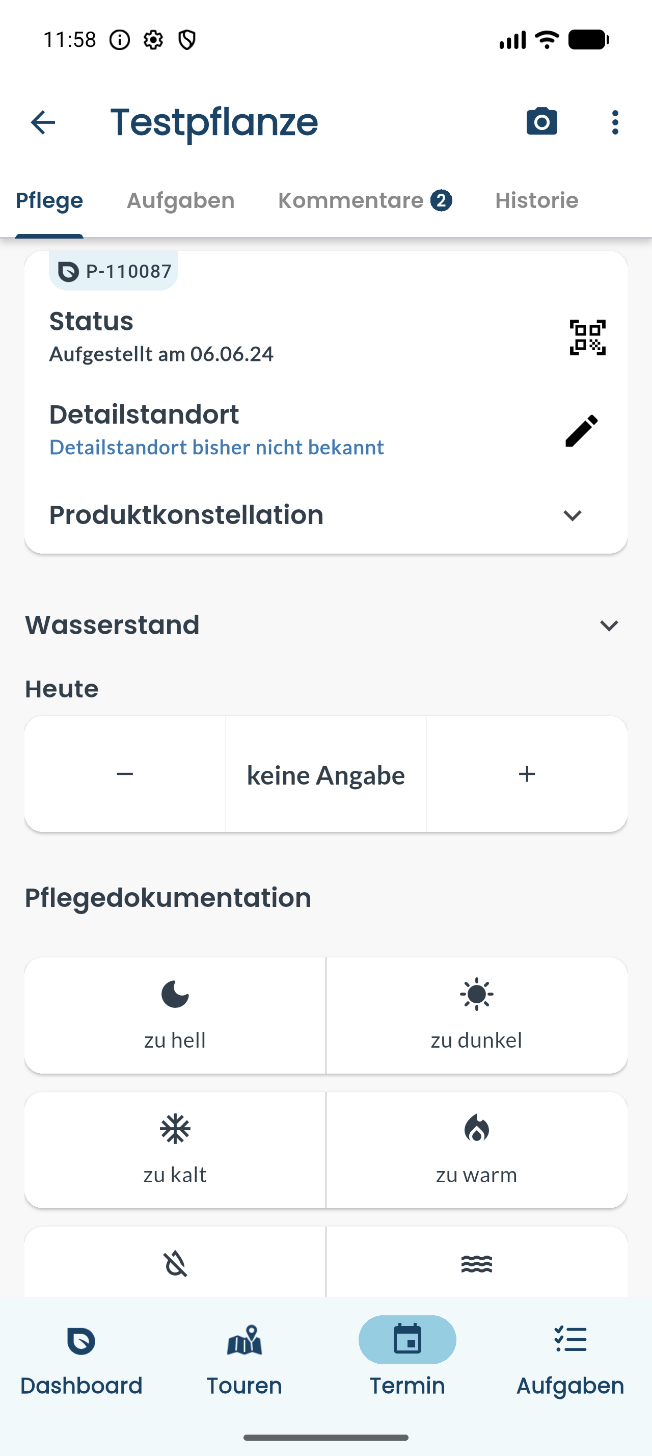 Pflegemaske einer Pflanze in der App mit Wasserstand und der Pflegedokumentation