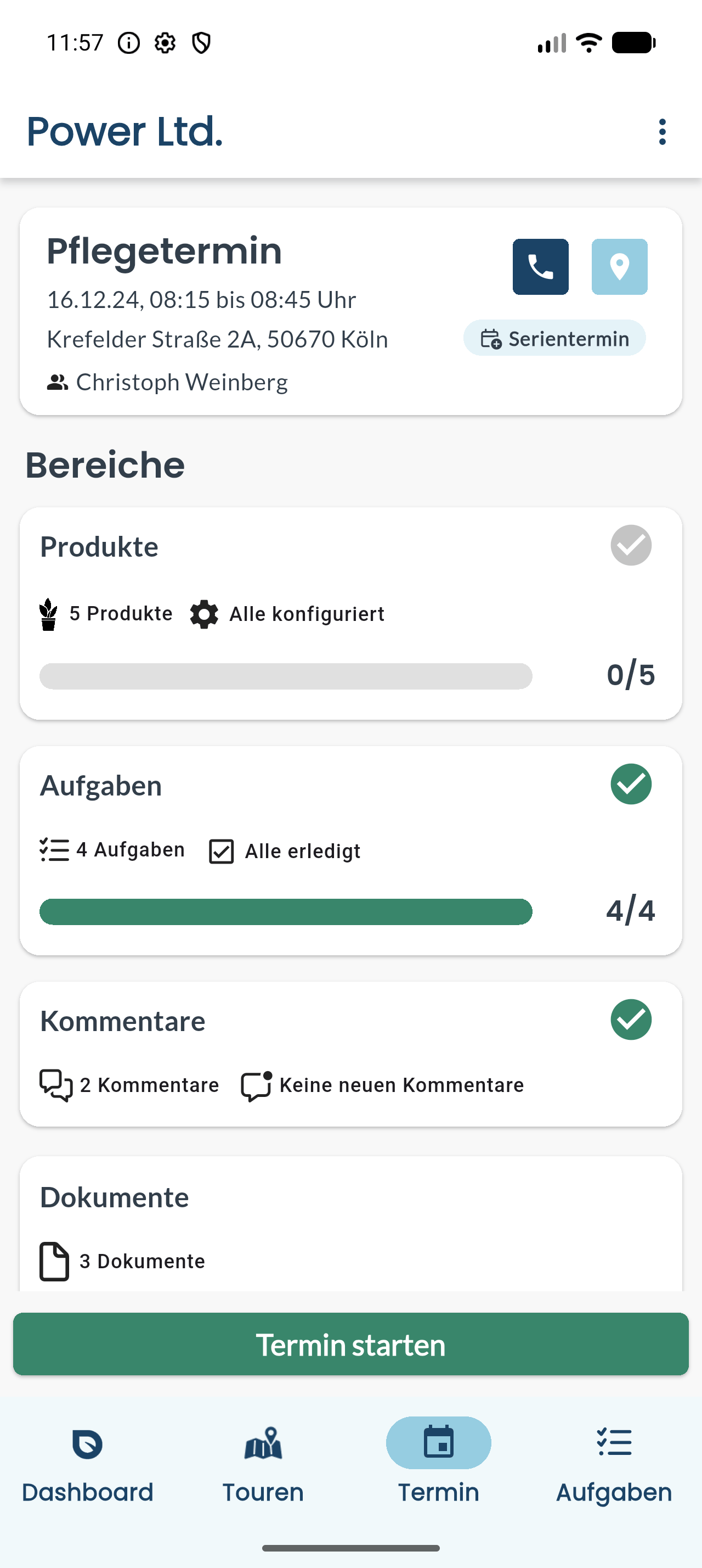 Termin-Detailansicht in der App mit den Bereichen Produkte, Aufgaben und Kommentare sowie der Schaltfläche „Termin starten“