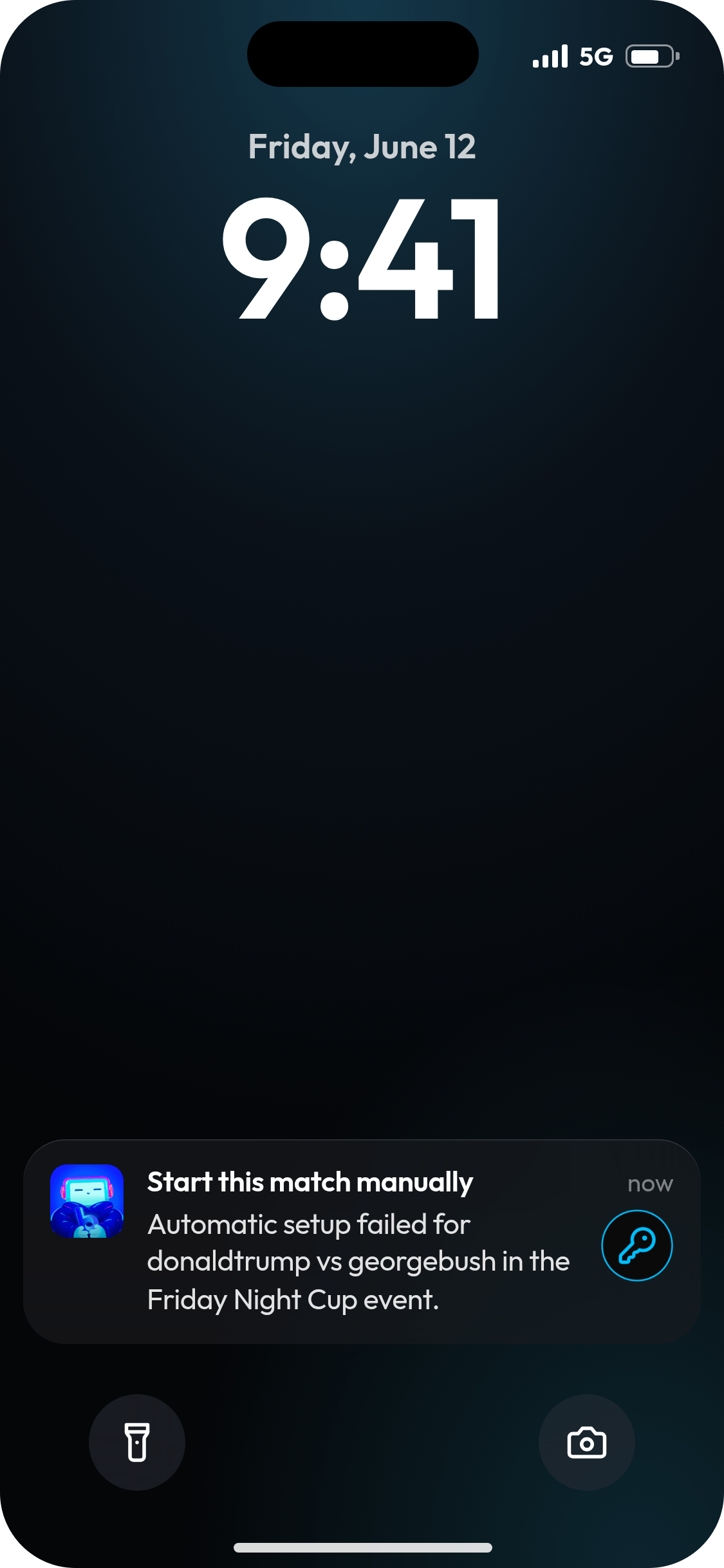 iPhone lock screen showing BluMint's Start this match manually notification: automatic setup failed for donaldtrump vs georgebush