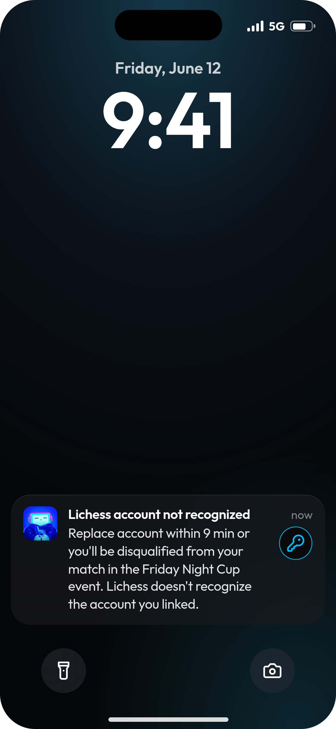 iPhone lock screen showing BluMint's Lichess account not recognized notification, asking the player to replace the account they linked