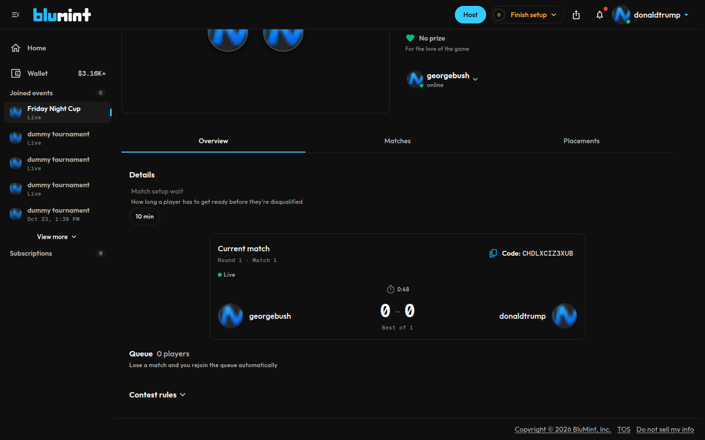 A player's Current match card on BluMint, live, with the lobby code and a copy button at its top right