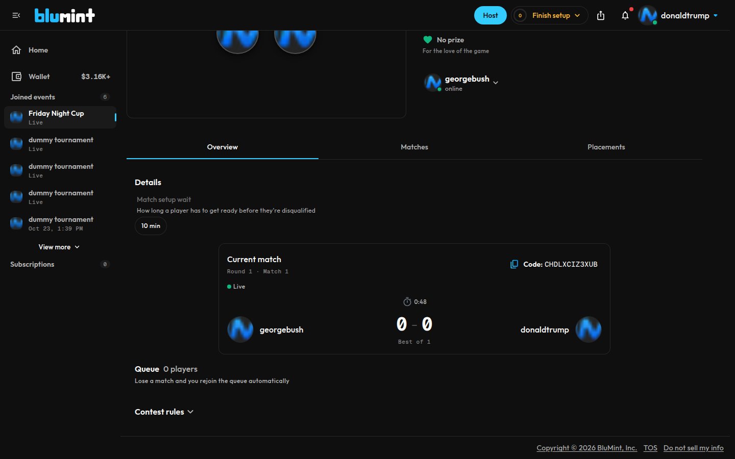 A player's Current match card on BluMint, live, with the lobby code and a copy button at its top right
