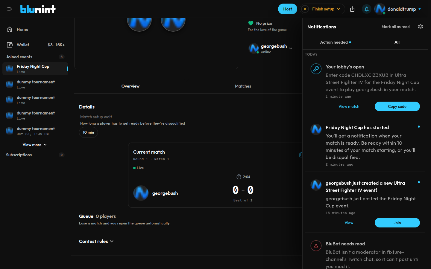 BluMint's notification panel showing Your lobby's open, with the lobby code to enter for the Friday Night Cup match and View match and Copy code buttons