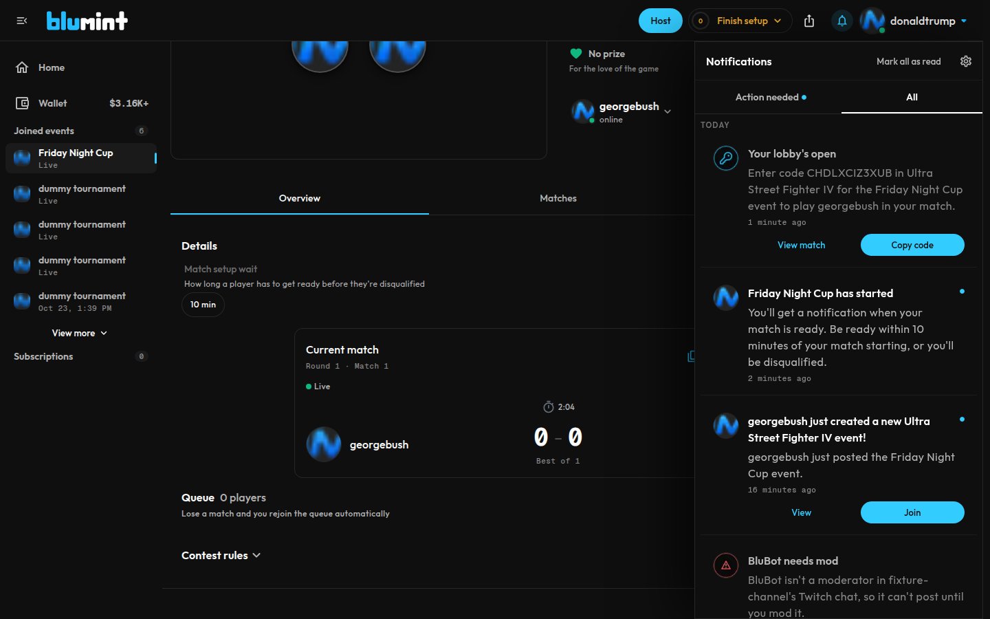 BluMint's notification panel showing Your lobby's open, with the lobby code to enter for the Friday Night Cup match and View match and Copy code buttons