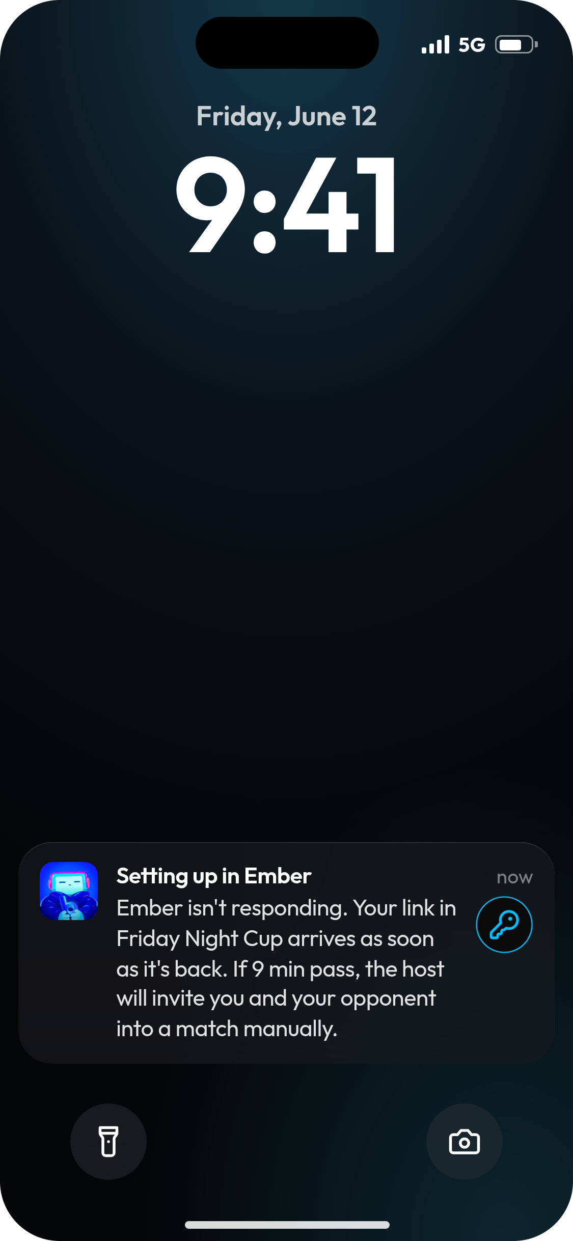 iPhone lock screen showing BluMint's Setting up in Ember notification: Ember isn't responding, and the link arrives as soon as it's back