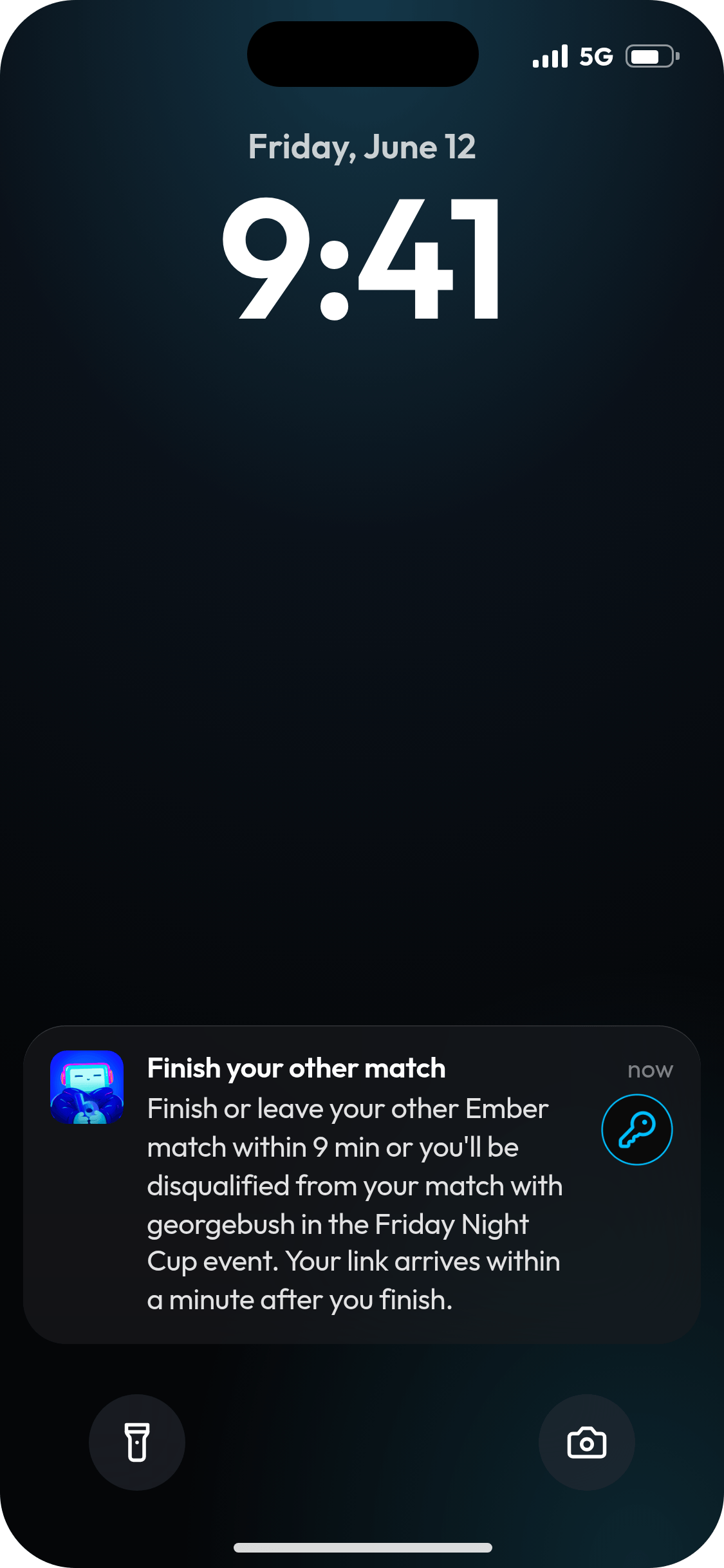 iPhone lock screen showing BluMint's Finish your other match notification, asking the player to finish or leave their other Ember match