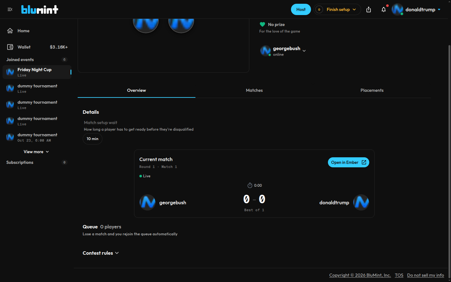 A player's Current match card on BluMint, live, with an Open in Ember button at its top right