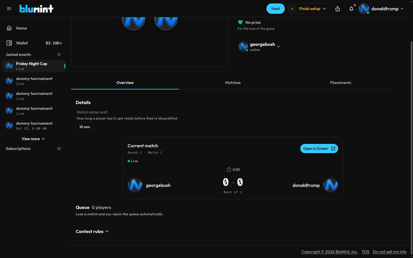A player's Current match card on BluMint, live, with an Open in Ember button at its top right