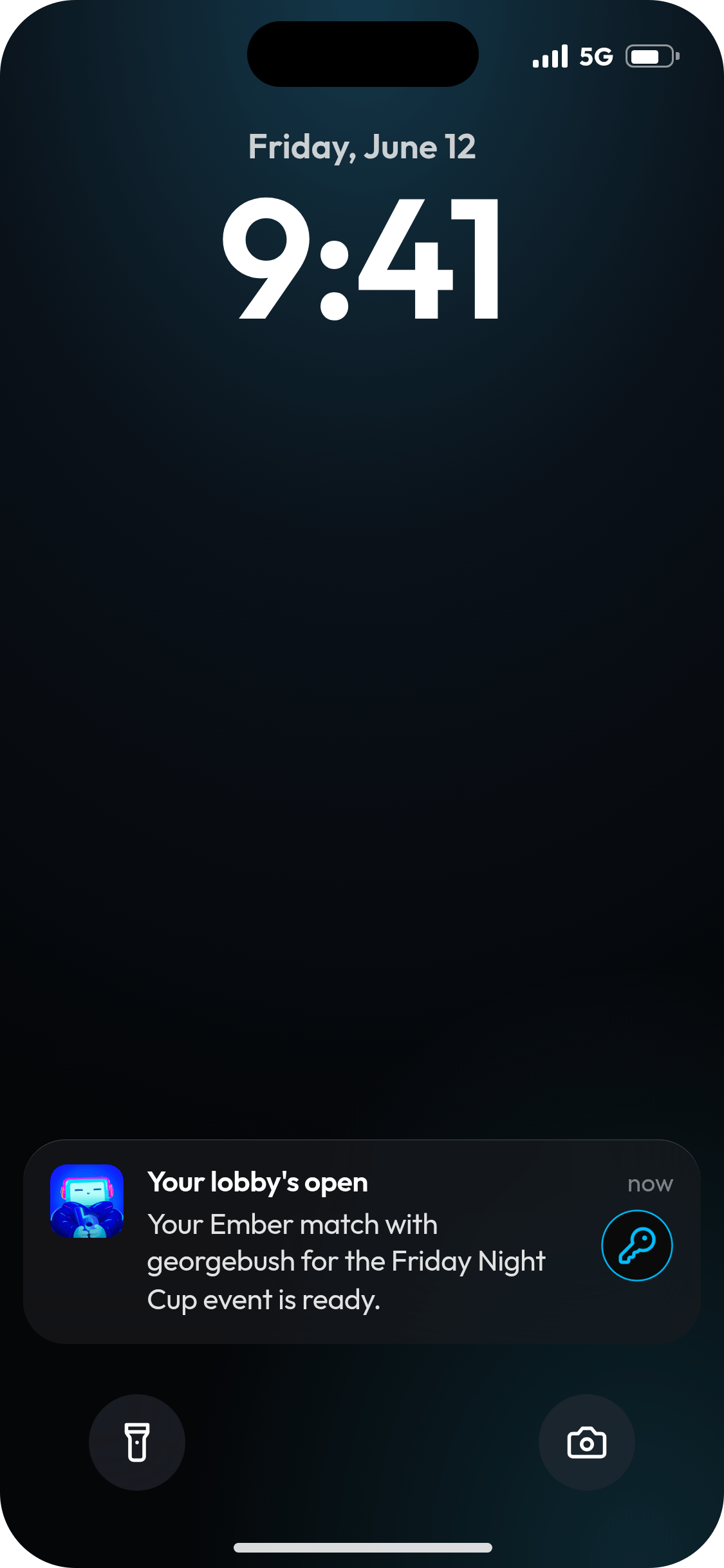 iPhone lock screen showing BluMint's Your lobby's open notification: your Ember match with georgebush for the Friday Night Cup event is ready