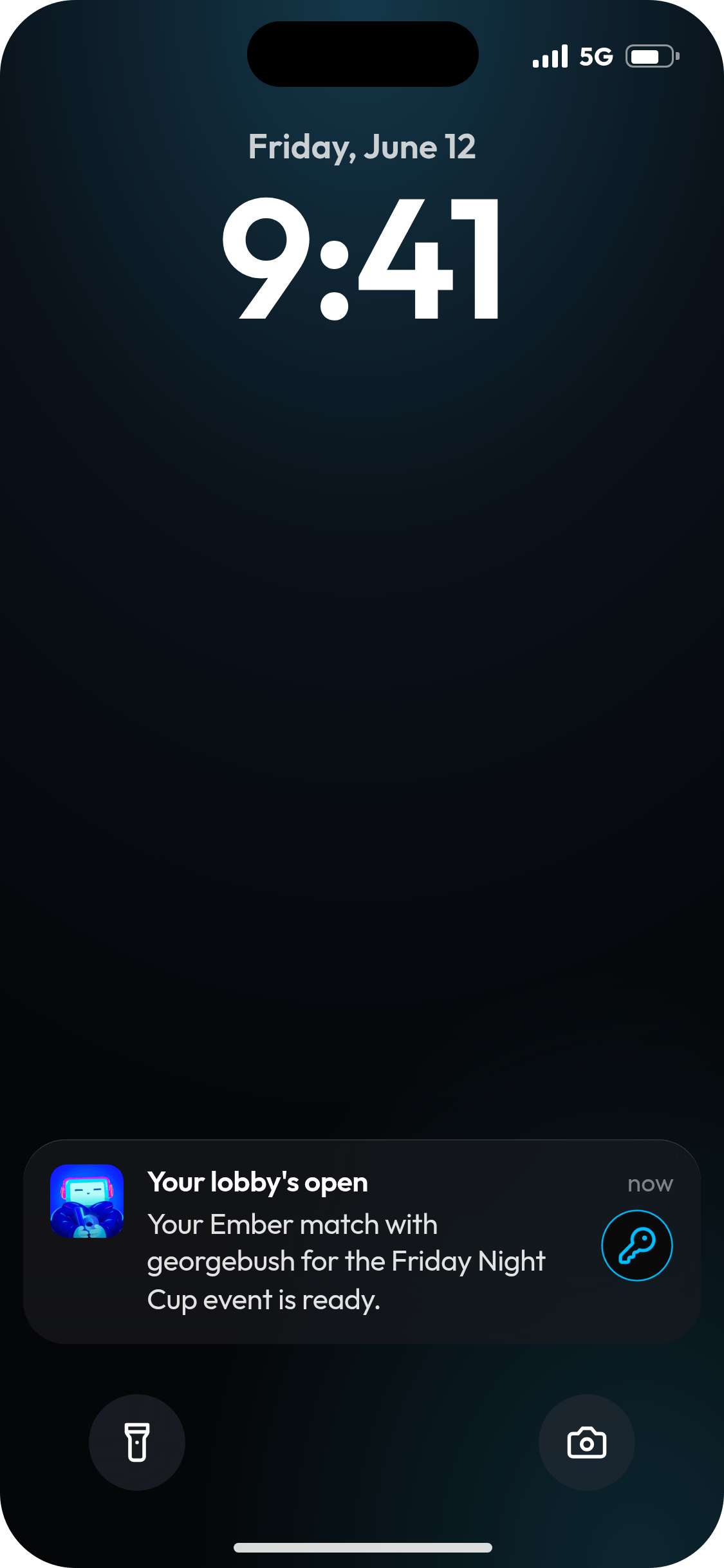 iPhone lock screen showing BluMint's Your lobby's open notification: your Ember match with georgebush for the Friday Night Cup event is ready