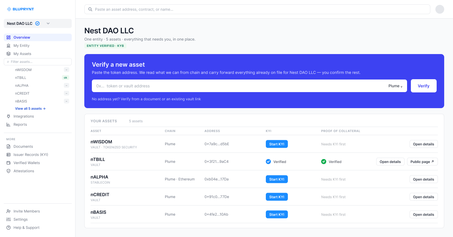 Design of the Verify a new asset panel with a contract address field.