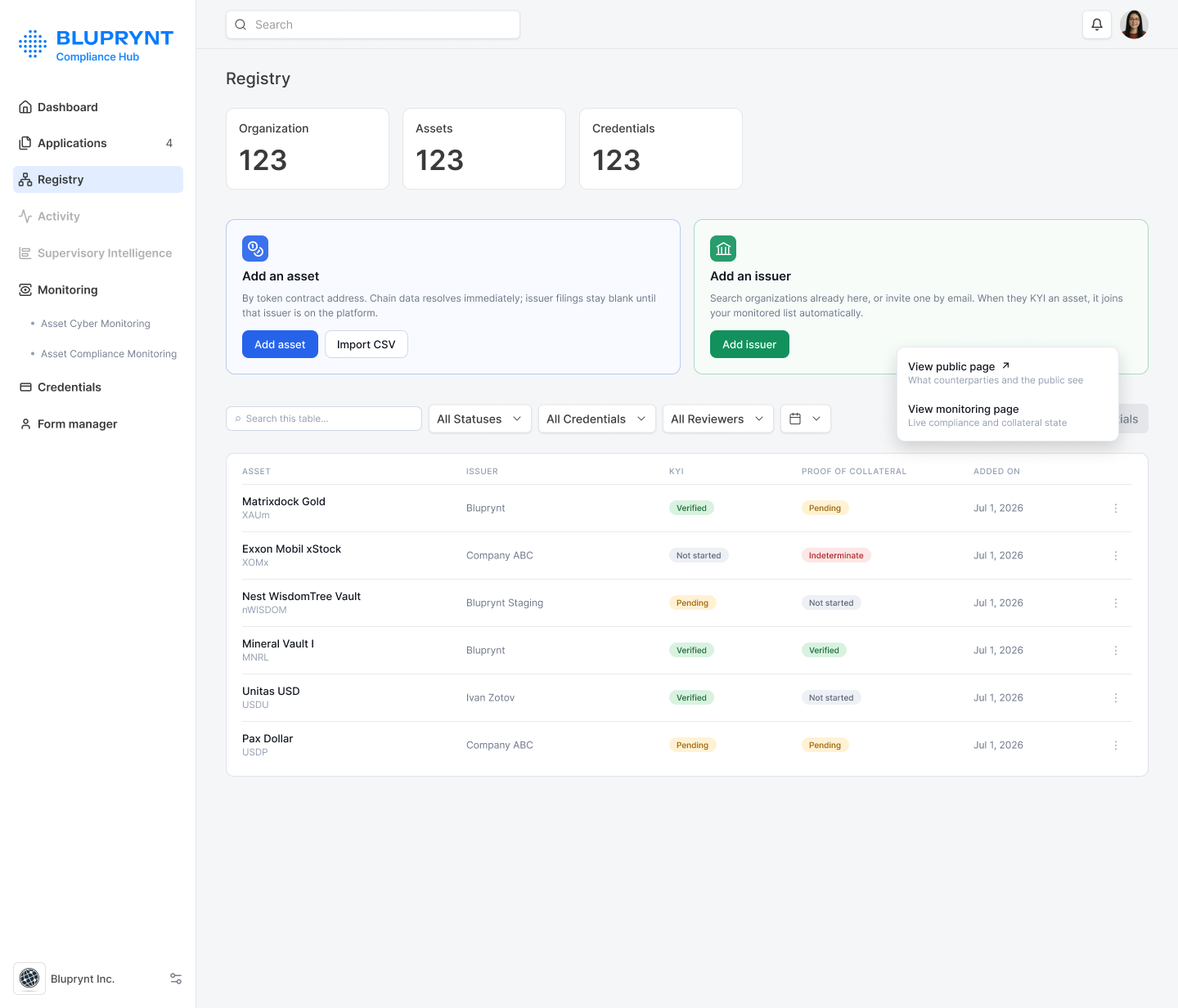 Compliance Hub registry design with tabs for organizations, assets and credentials.