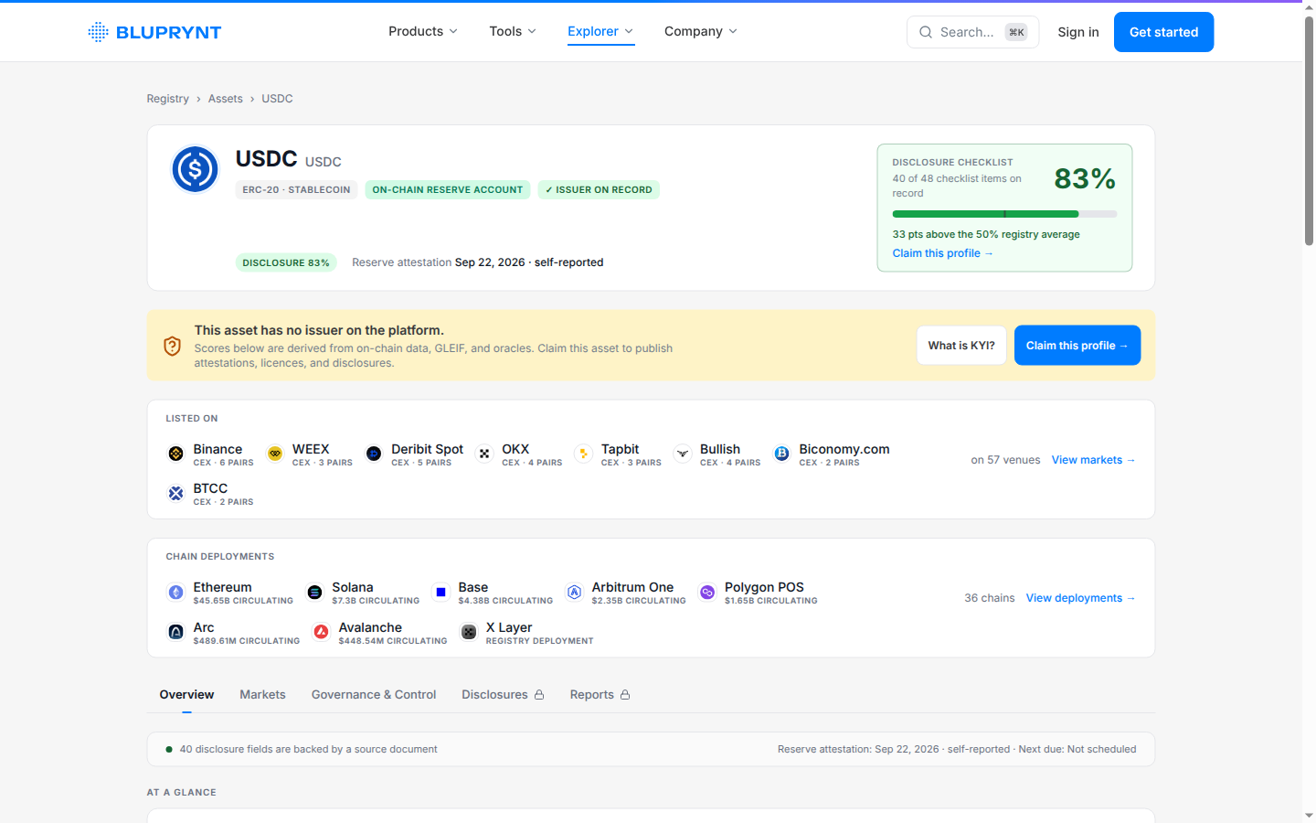 An asset page in Compliance Explorer with issuer, disclosures and evidence.