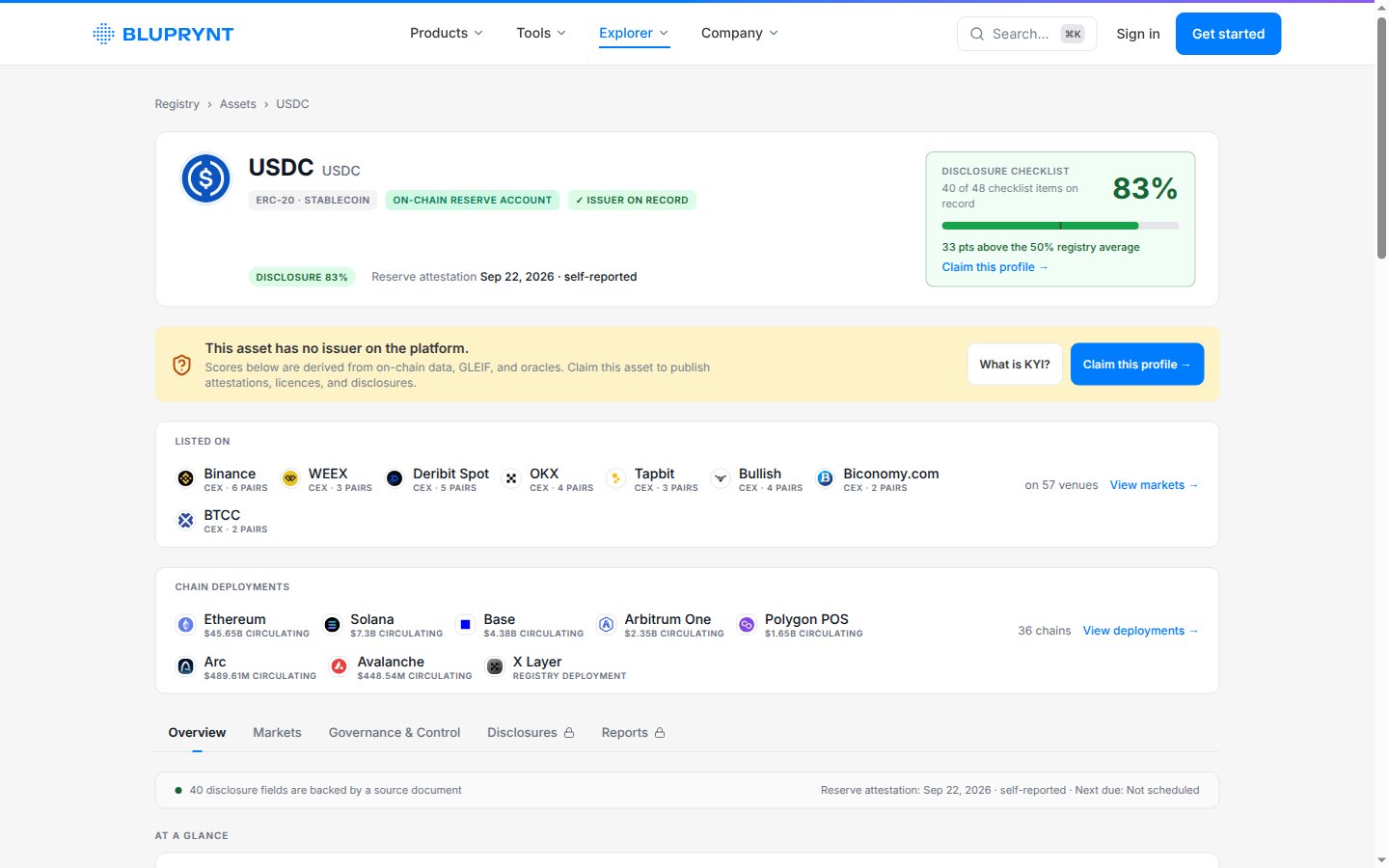 An asset page in Compliance Explorer with issuer, disclosures and evidence.