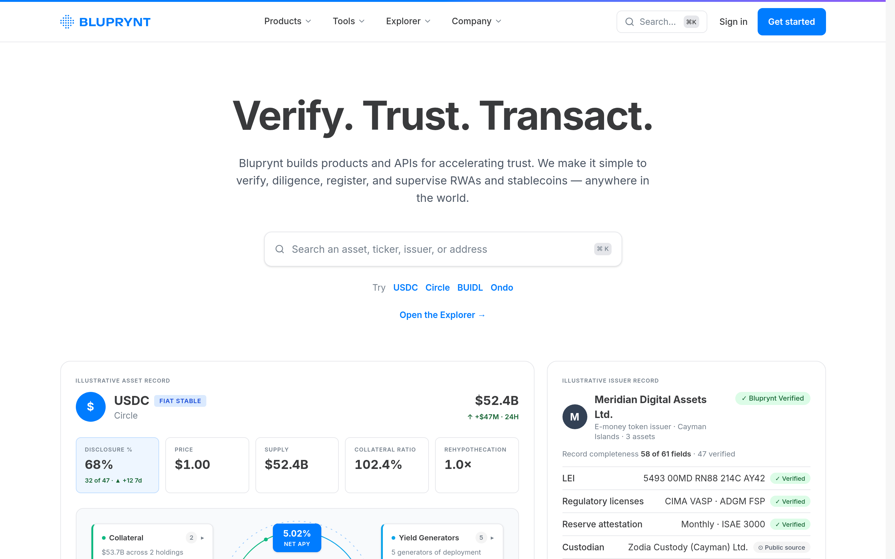 The Bluprynt Explorer home page with search and an asset record.