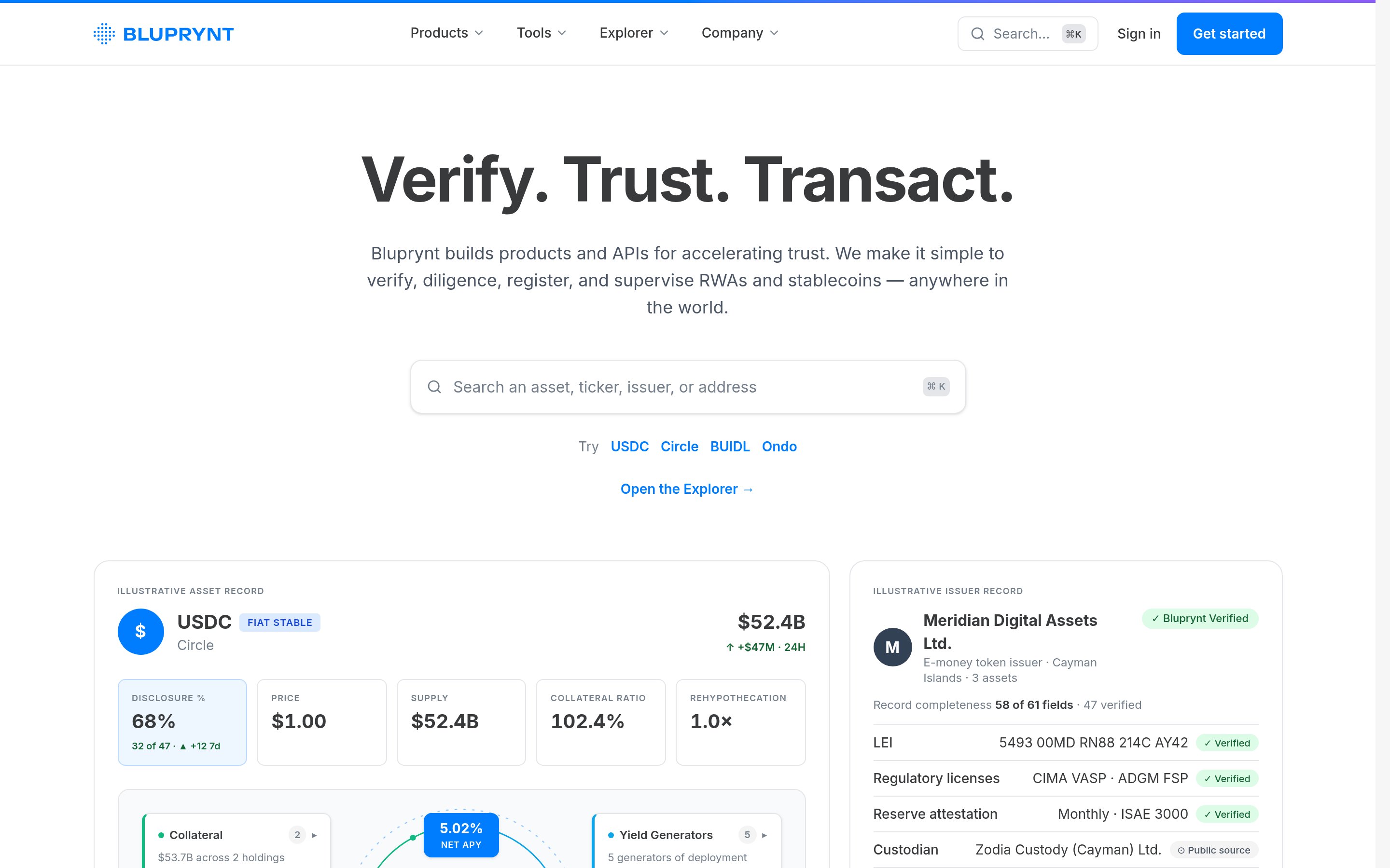 The Bluprynt Explorer home page with search and an asset record.