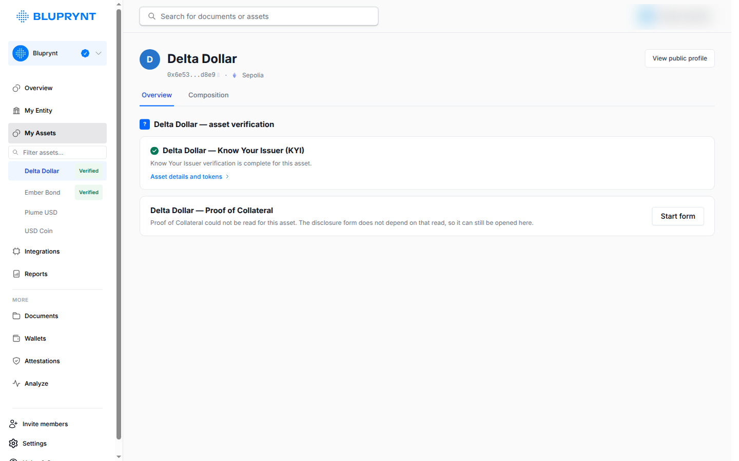 Delta Dollar asset page: KYI verification complete, with the Proof of Collateral card below.