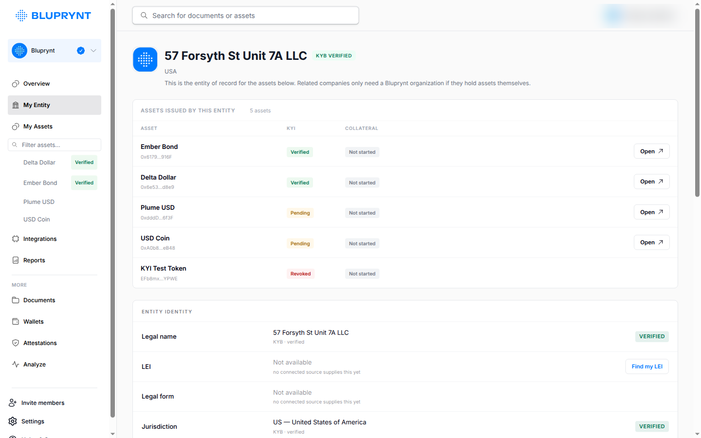 My Entity page showing a KYB verified entity and the assets it issues.