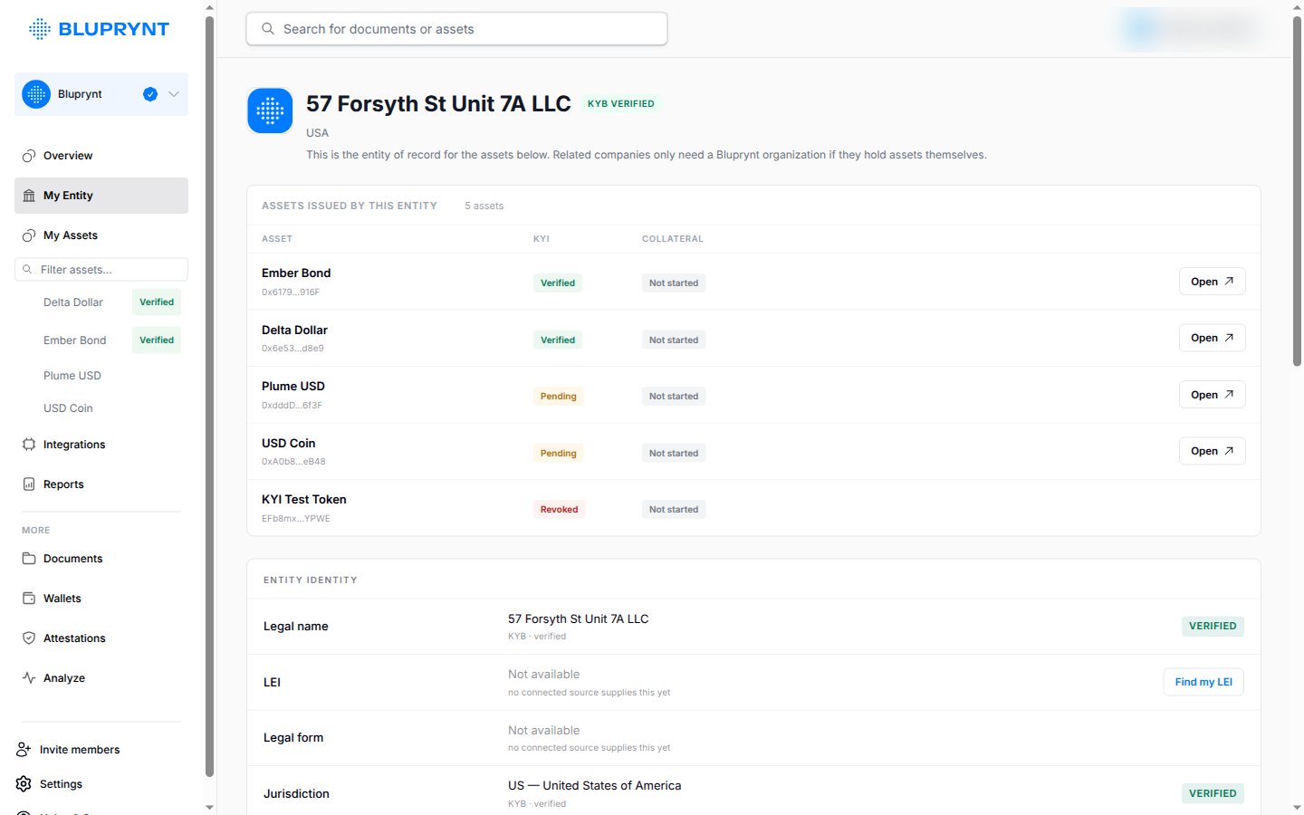 My Entity page showing a KYB verified entity and the assets it issues.
