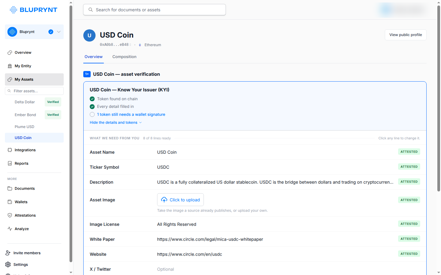 USD Coin KYI checklist: token found on chain, every detail filled in, one token still needs a wallet signature, and the attested details list.