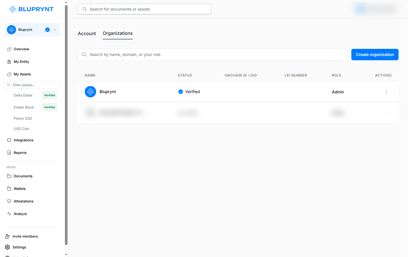 The Organizations tab in Passport settings with the Create organization button.