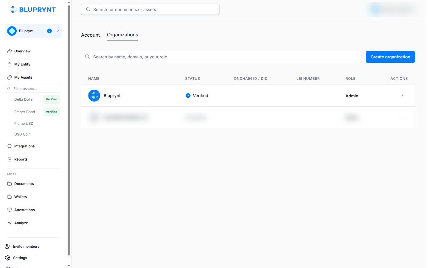 The Organizations tab in Passport settings with the Create organization button.