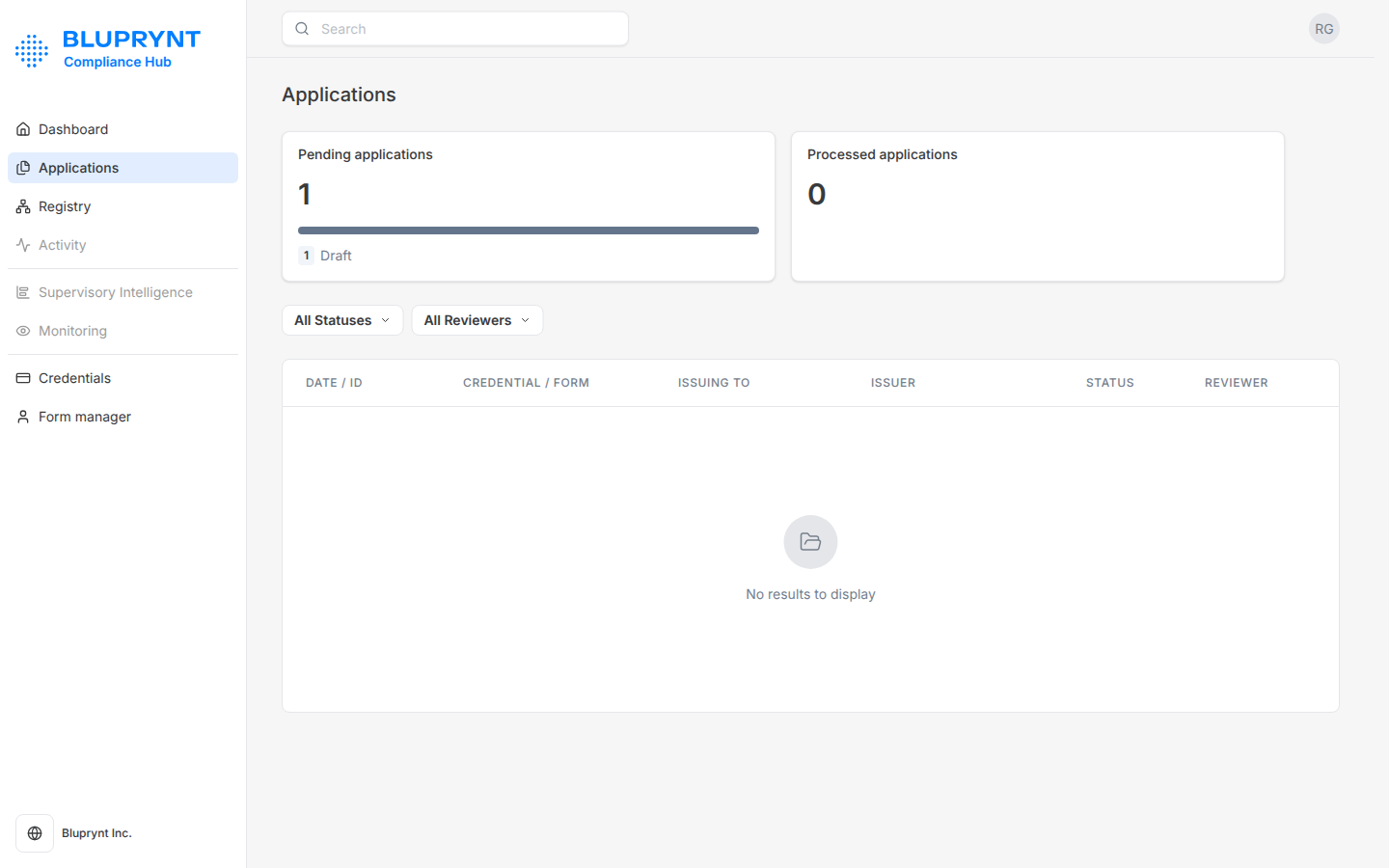 Applications page with pending and processed counts and status and reviewer filters.