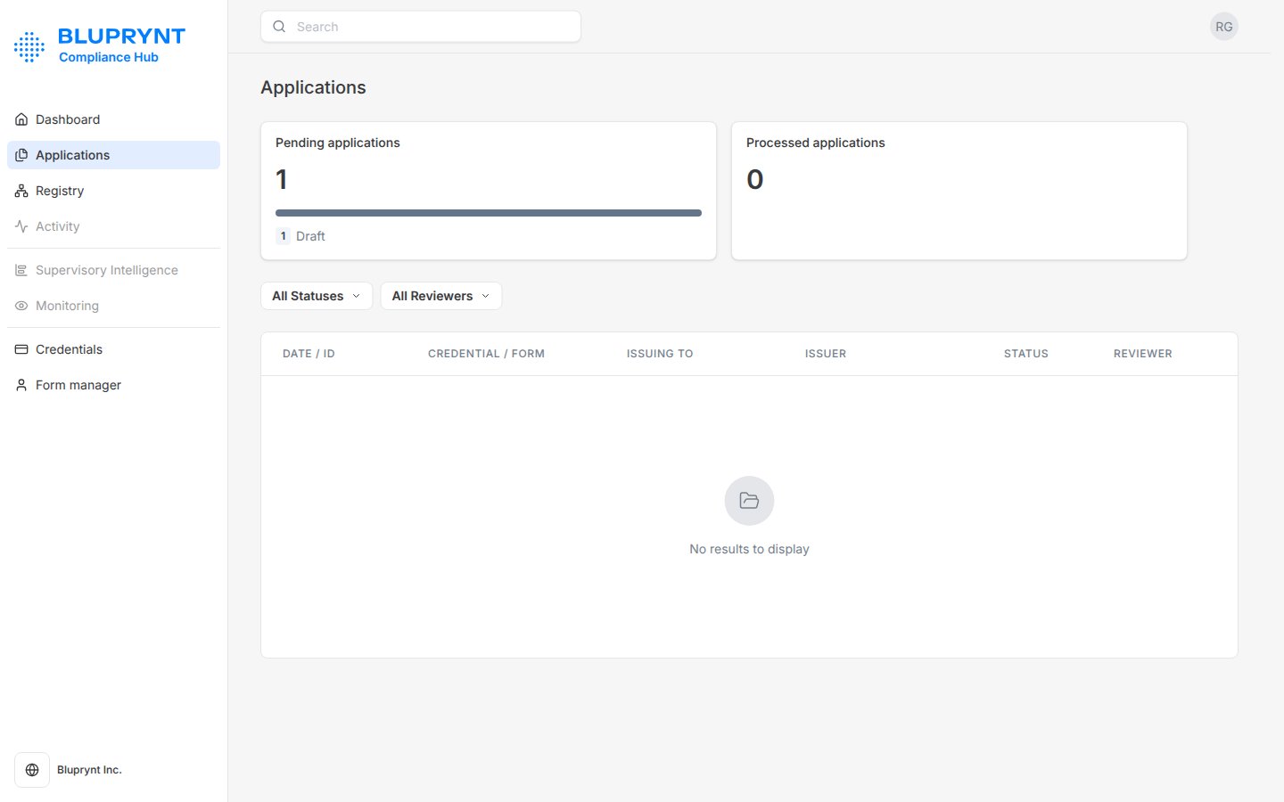 Applications page with pending and processed counts and status and reviewer filters.