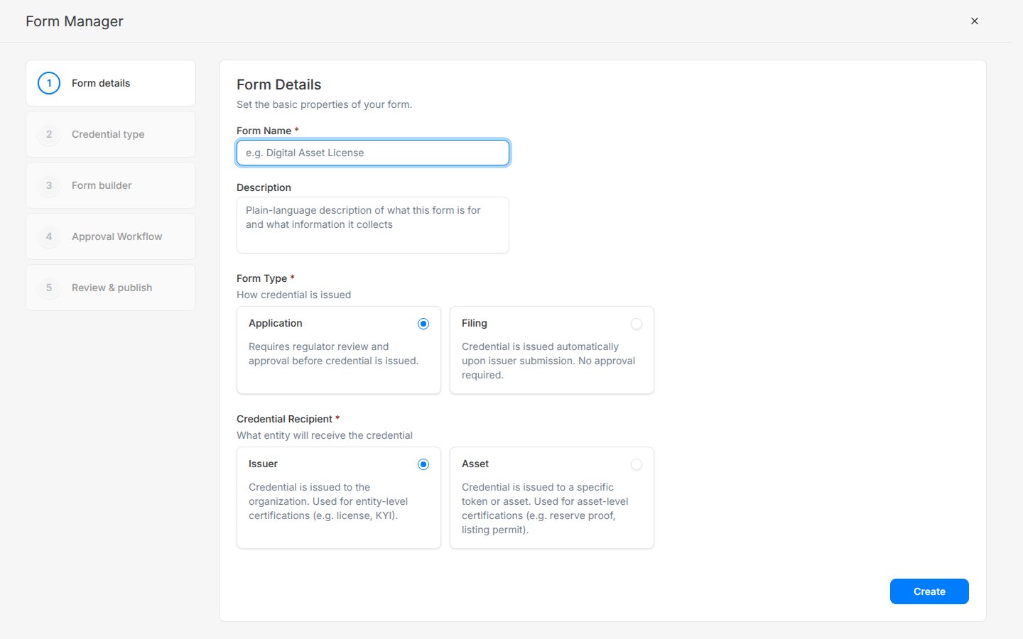 Form manager, step 1: form name, description, form type (Application or Filing) and credential recipient (Issuer or Asset).