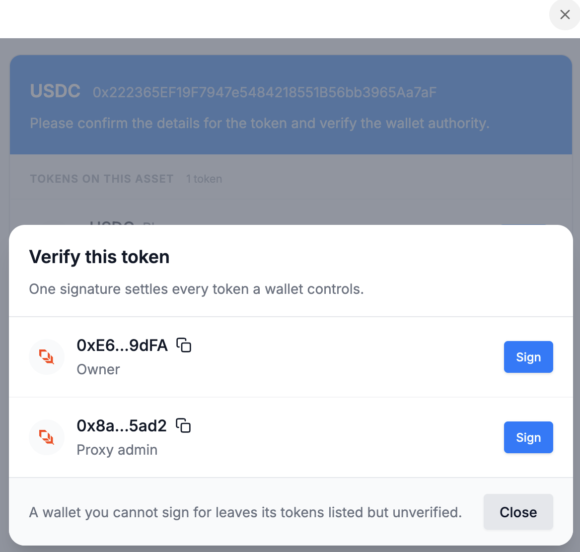 KYI widget listing the token's controlling wallets, one row per wallet.