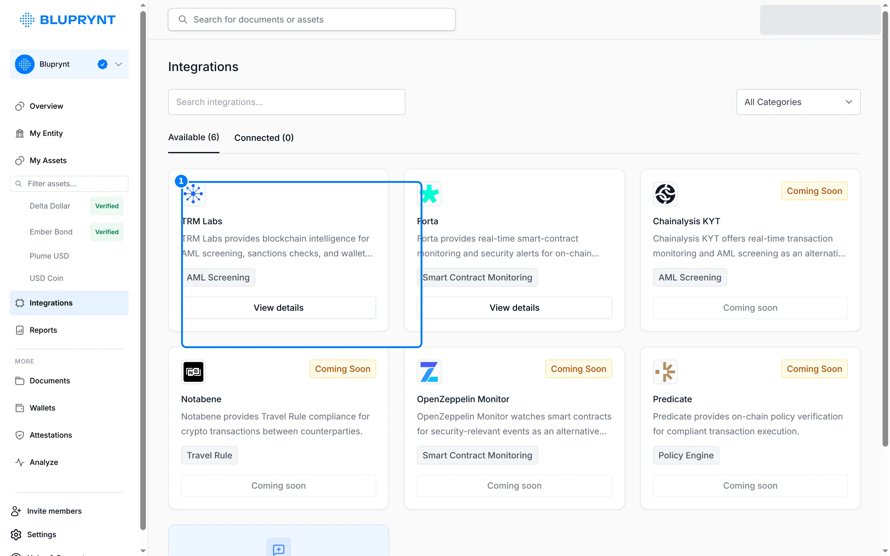 The Passport Integrations page showing data-provider cards such as TRM Labs and Forta