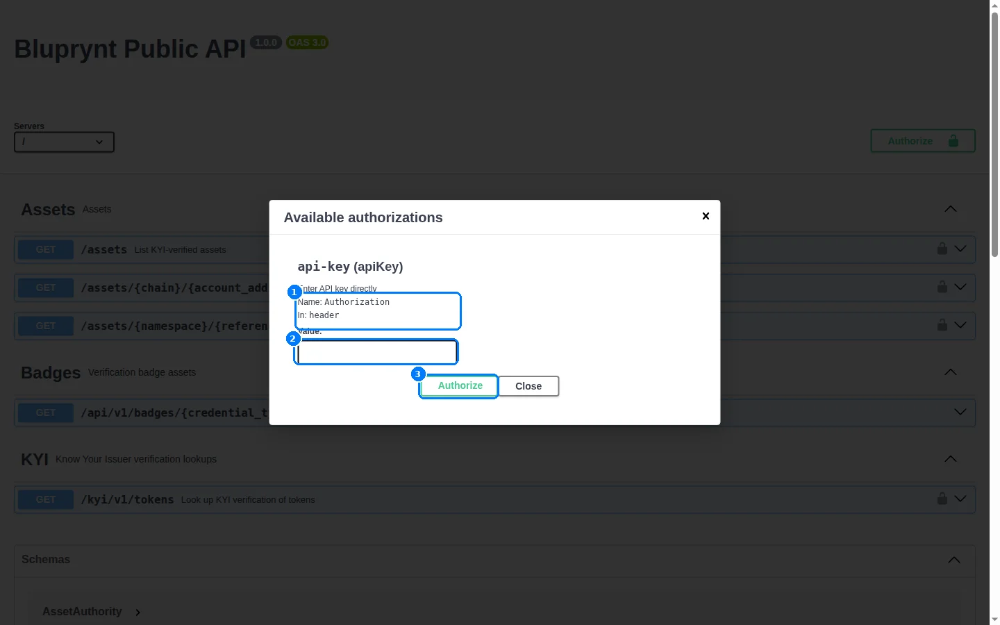 Swagger Authorize dialog showing the api-key scheme with an empty Value field