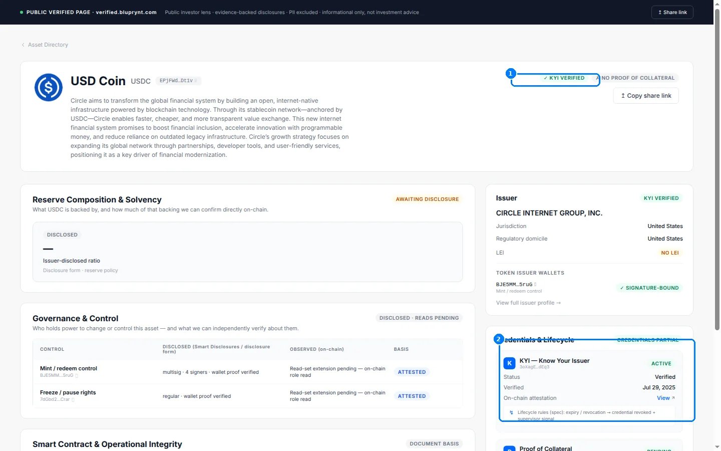 USD Coin verified page with callouts on the KYI VERIFIED status (1) and the KYI credential card (2).