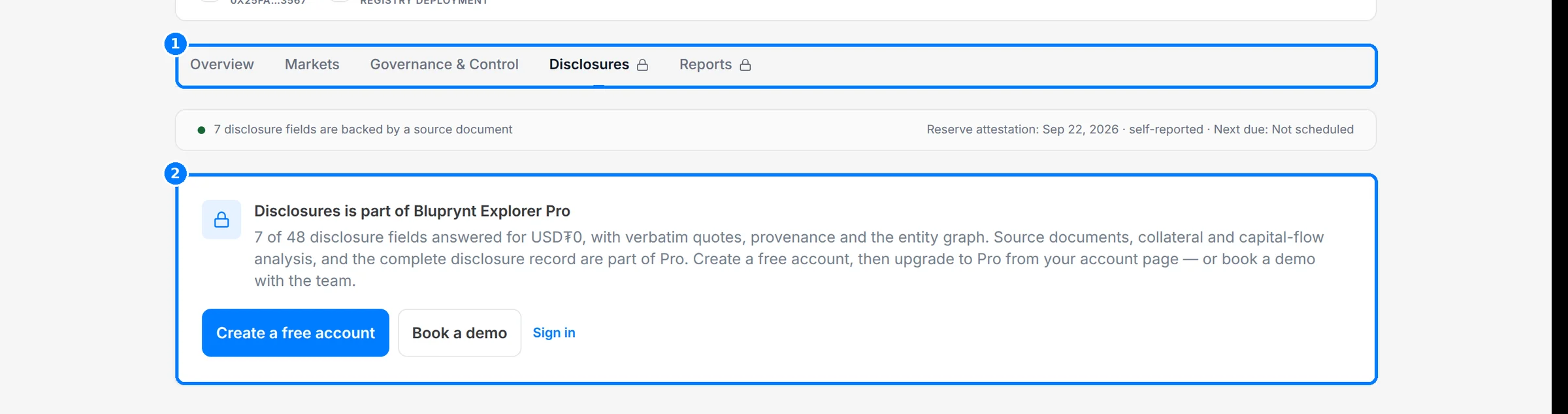 The Disclosures tab showing a lock on the tab and the Explorer Pro upgrade card.