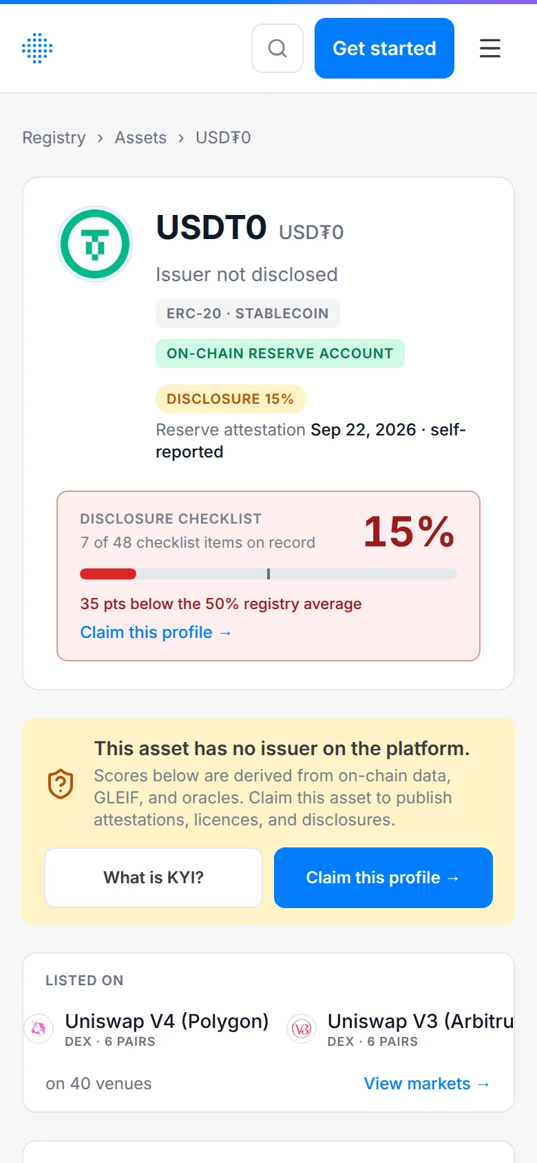The USDT0 asset page on a phone, with the hero, tags and checklist card stacked in one column.