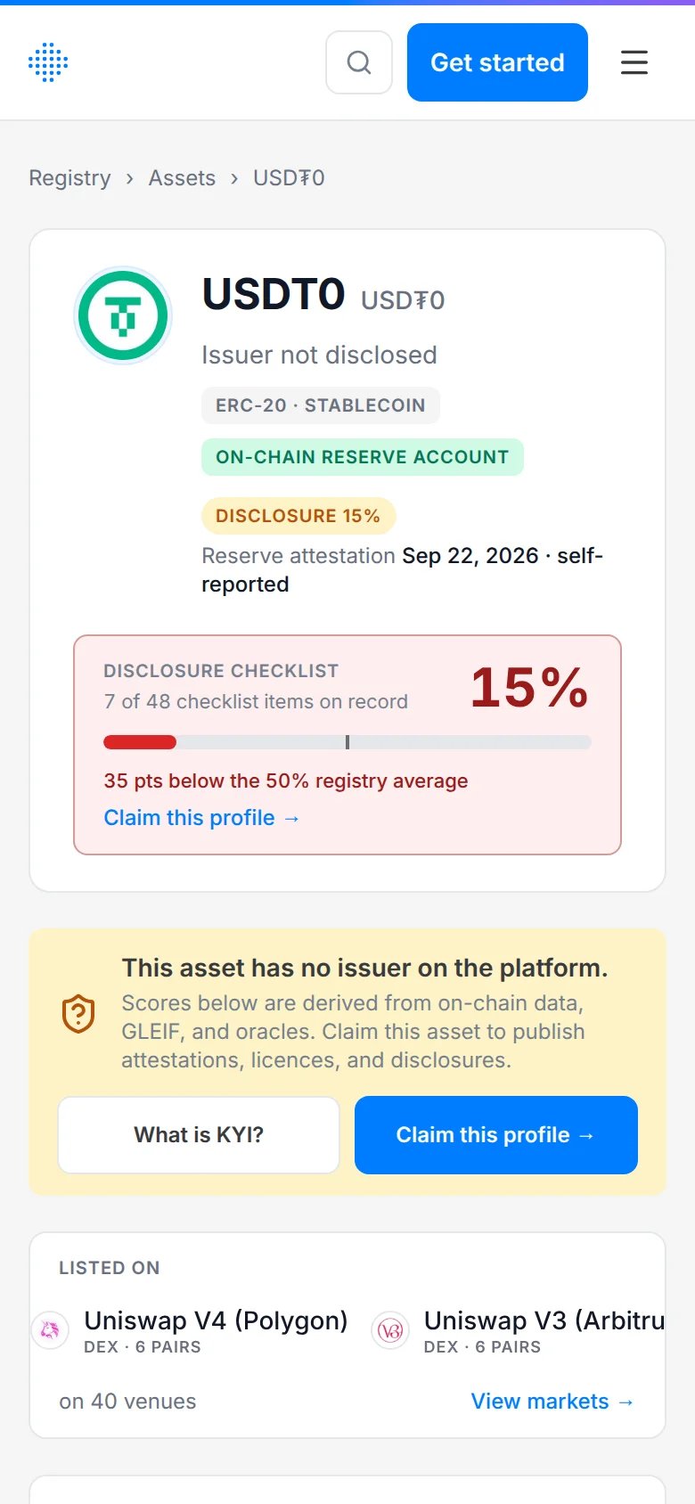 The USDT0 asset page on a phone, with the hero, tags and checklist card stacked in one column.