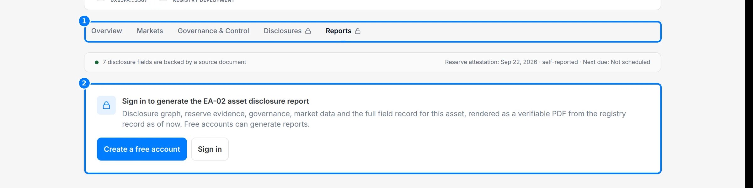 The Reports tab showing a lock on the tab and a card asking you to sign in to generate the EA-02 asset disclosure report.