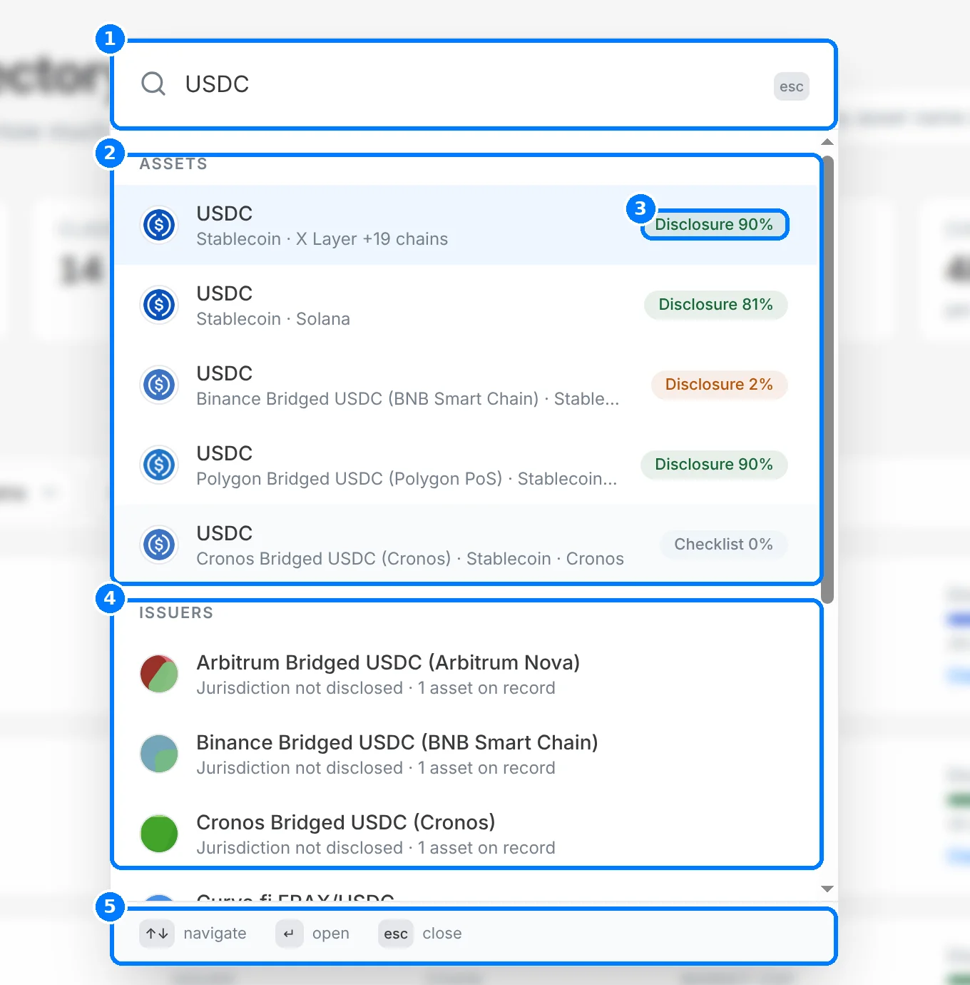 The search dialog with the query USDC, asset results with disclosure percentages, issuer results and keyboard hints.