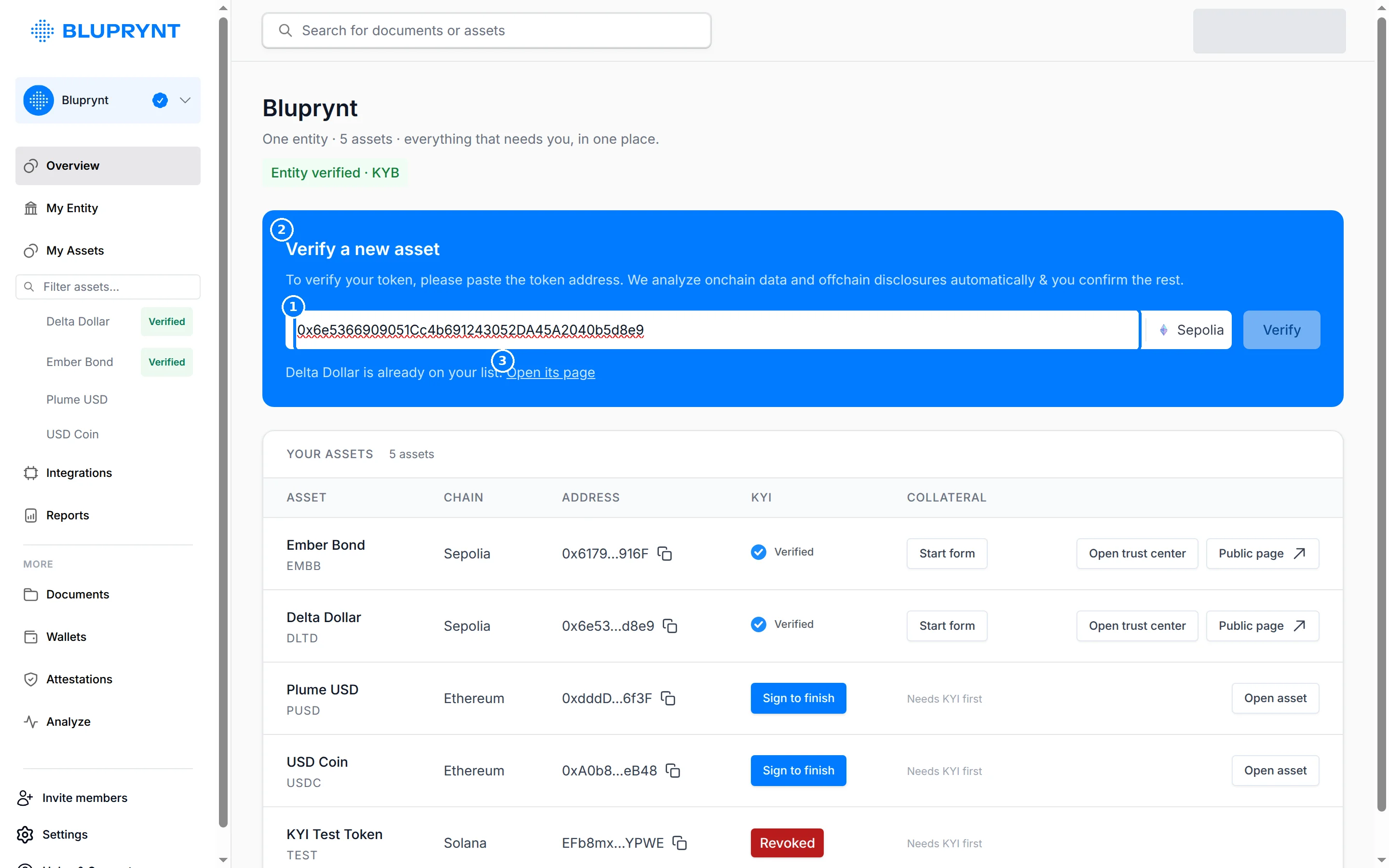 Verify a new asset panel with callouts on the address input, the Verify button and the Open its page link.