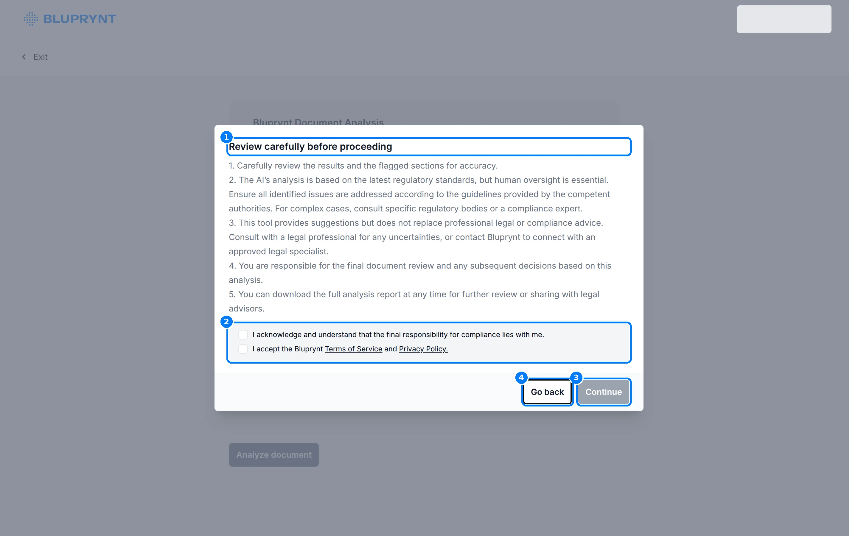Review carefully before proceeding dialog with callouts on the heading, the confirmation checkboxes, Continue and Go back.