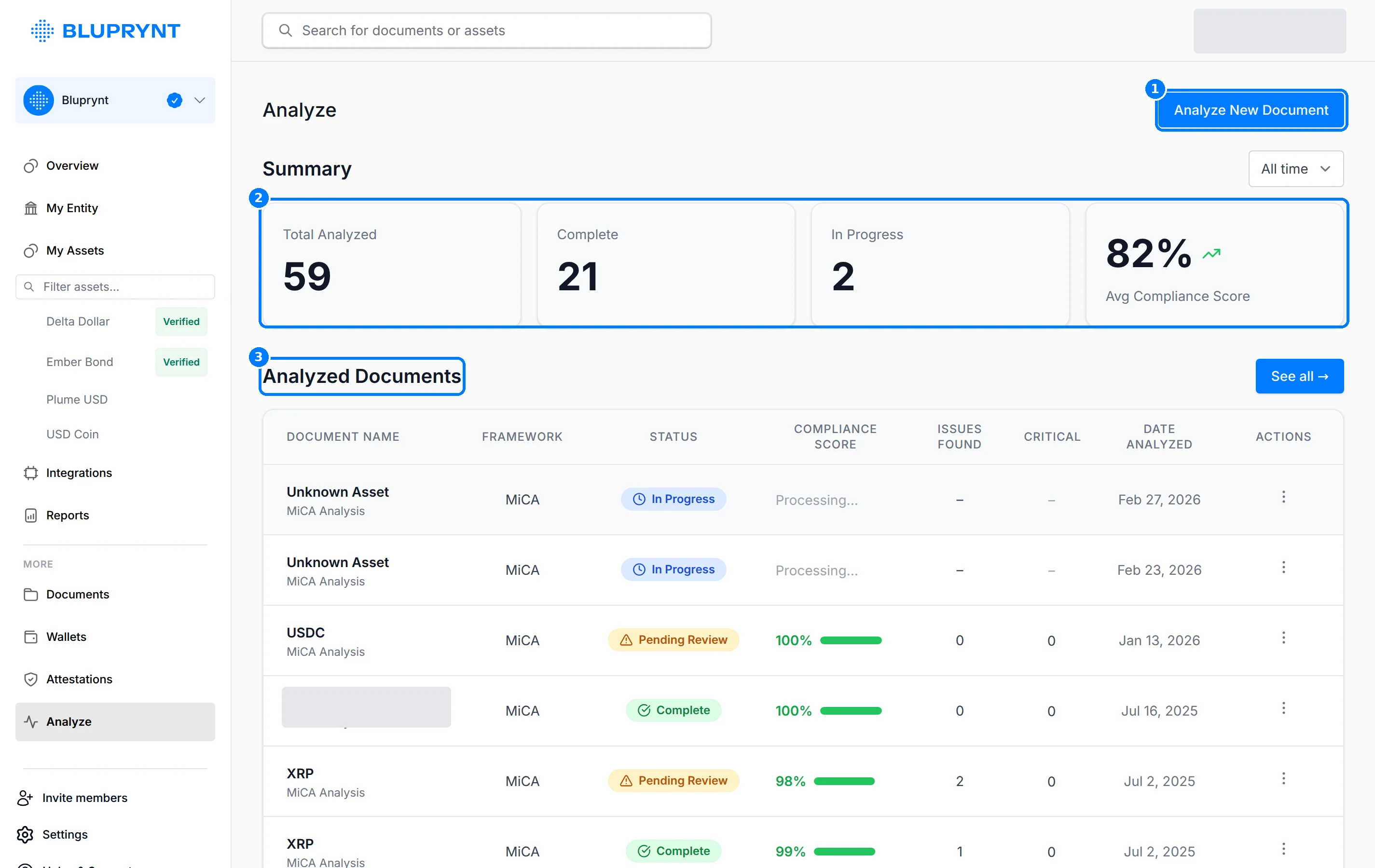 Analyze page with callouts on Analyze New Document, the Summary counts and the Analyzed Documents list.