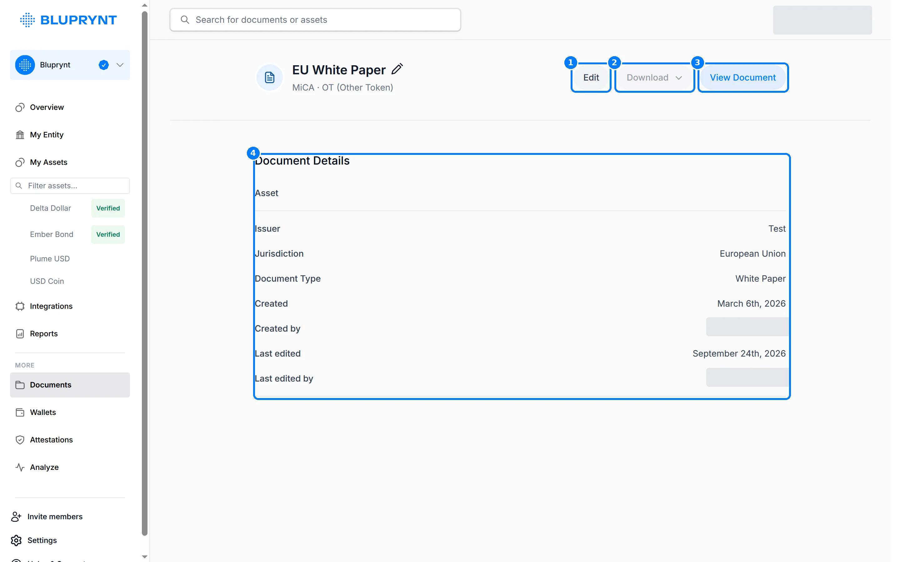 Document detail page with callouts on Edit, Download, View Document and the Document Details panel.