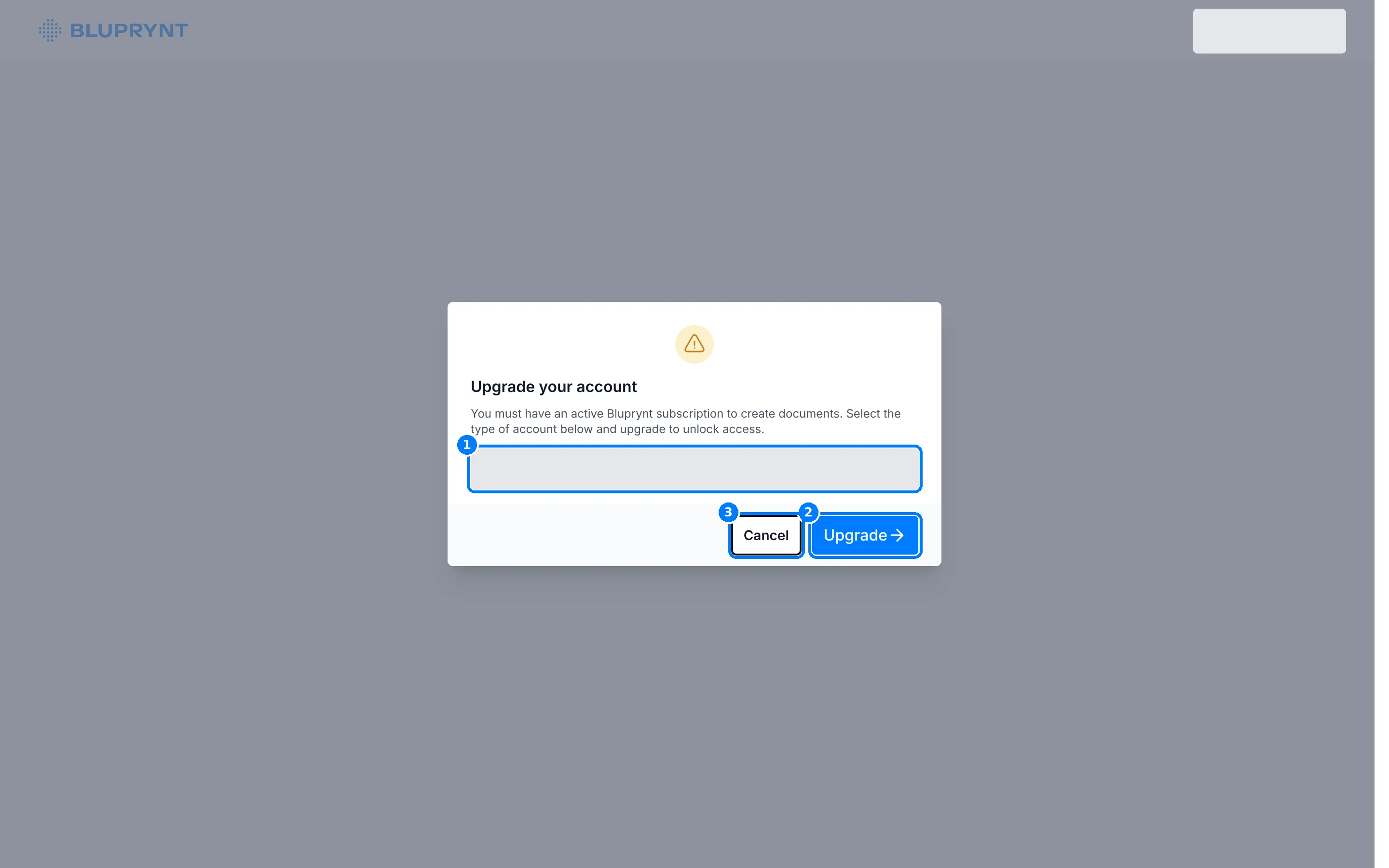Upgrade your account dialog with callouts on the account type selector, Upgrade and Cancel.
