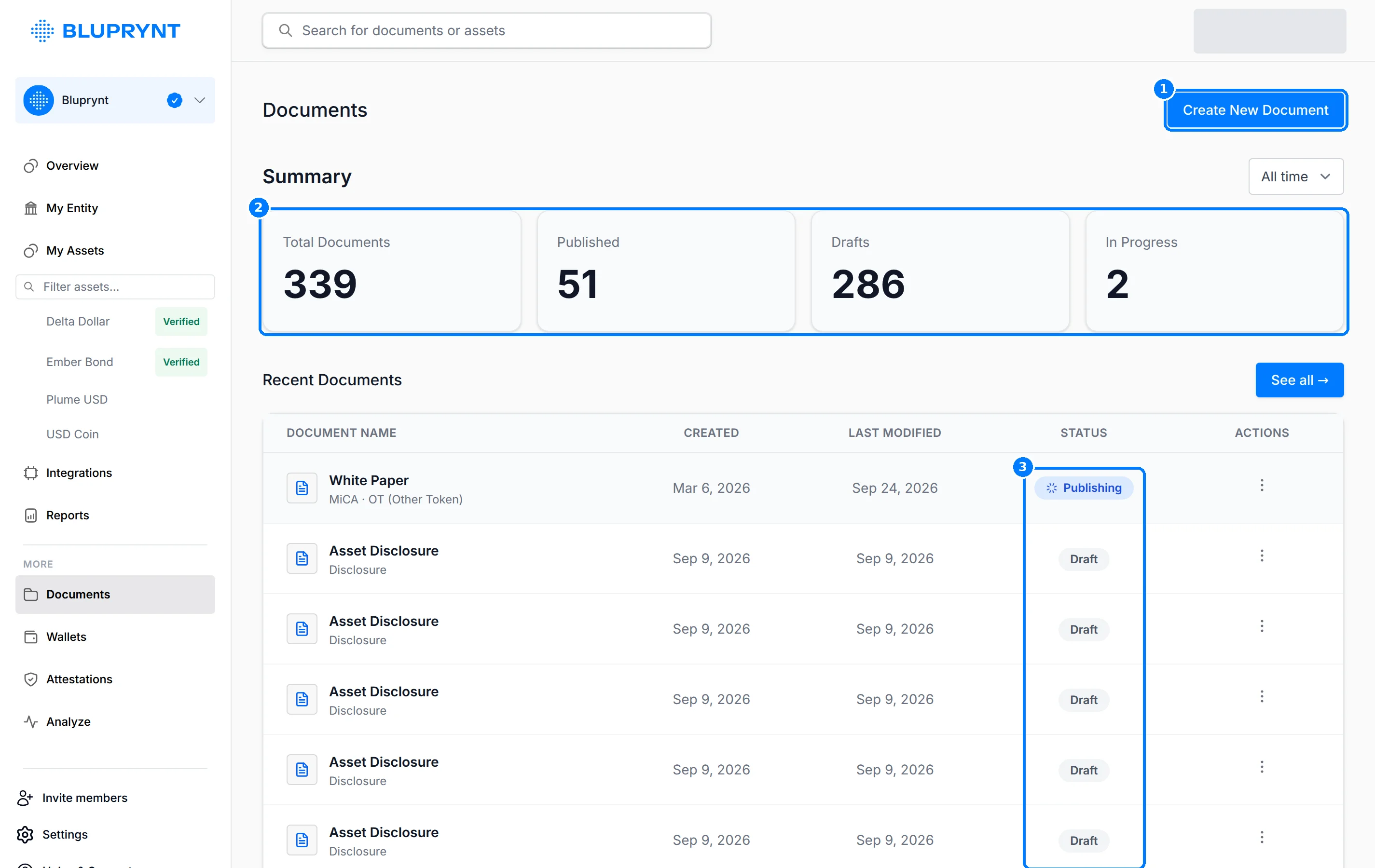 Documents page with callouts on Create New Document, the Summary counts and the status column of Recent Documents.