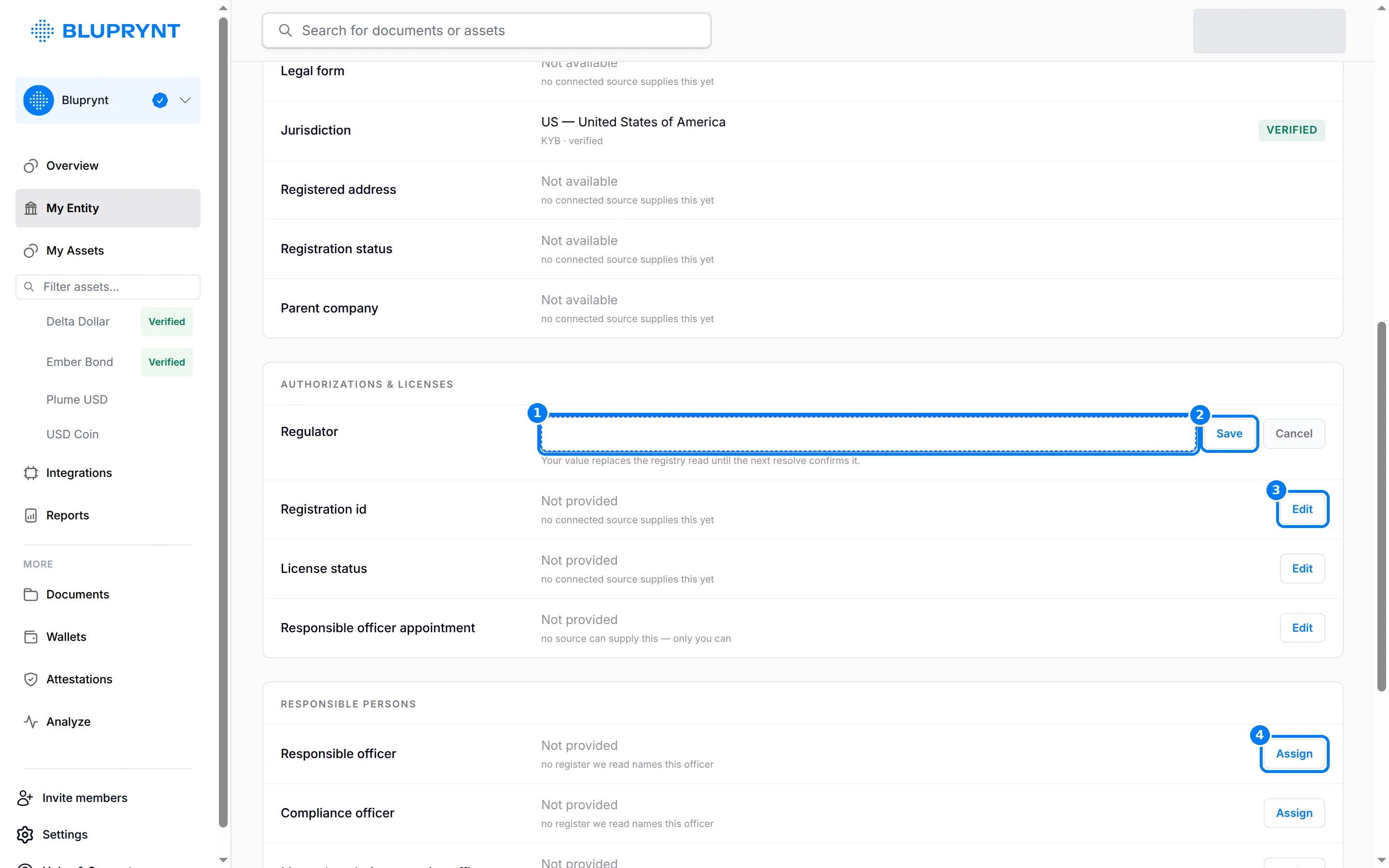 Authorizations and licenses section with callouts on the Regulator input, Save, the next Edit button and Assign under Responsible persons.