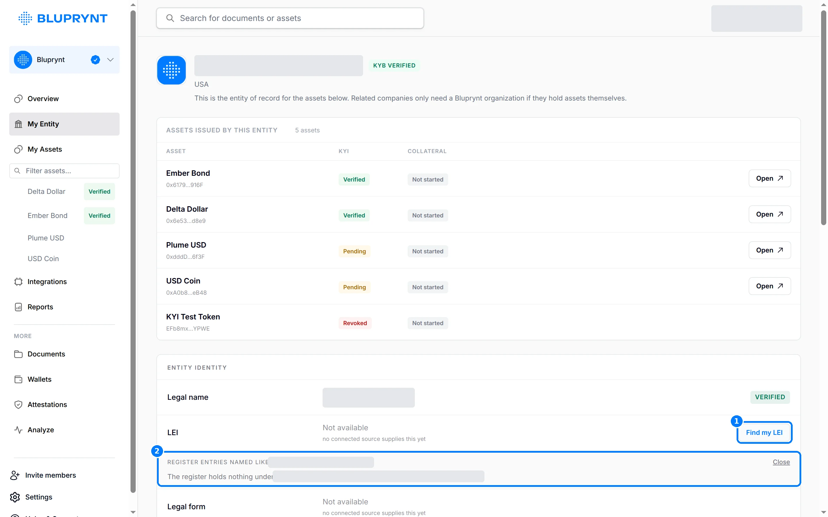 Entity identity section with callouts on Find my LEI and the GLEIF register results panel.