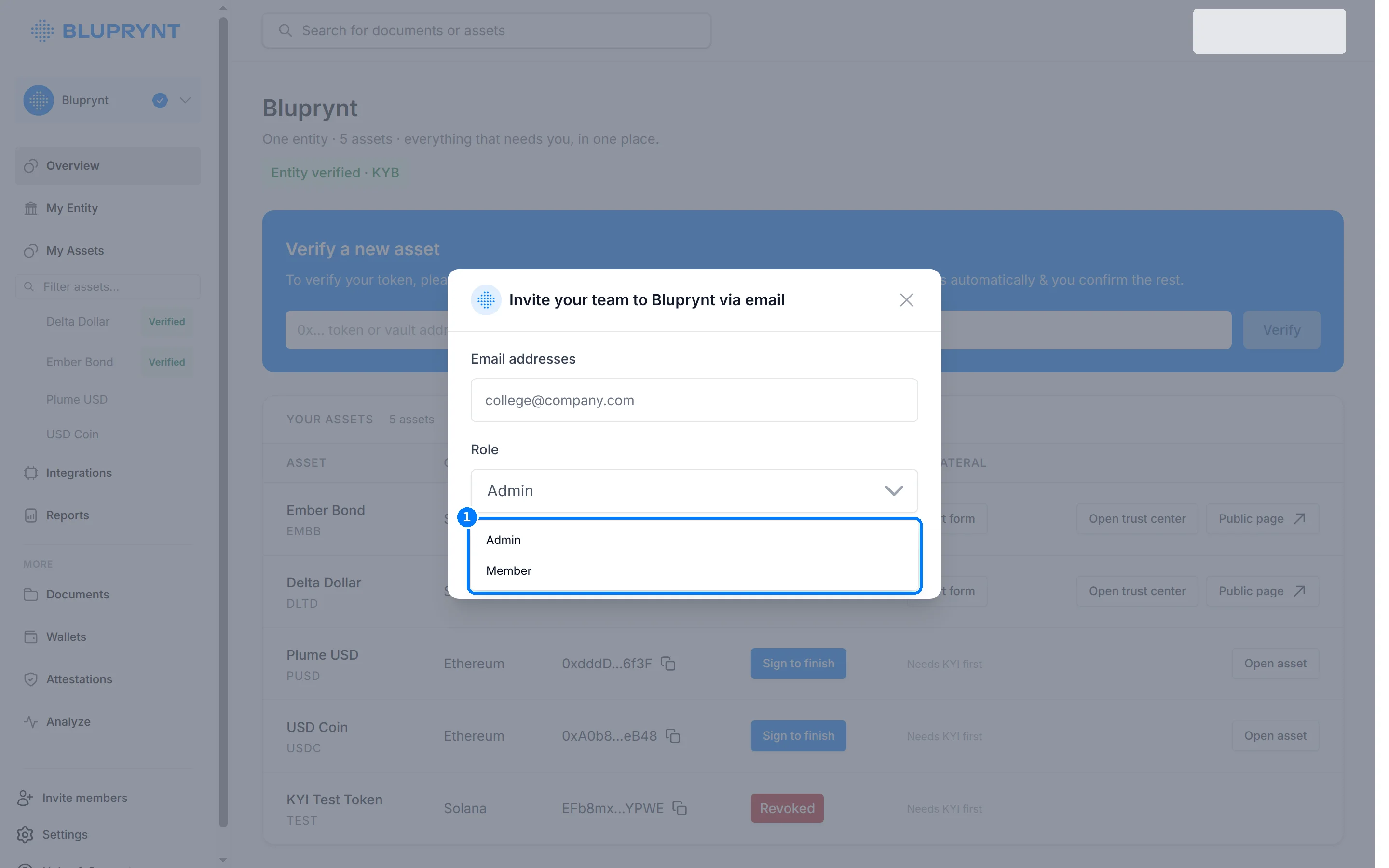 Invite dialog with the Role dropdown open, showing Admin and Member.