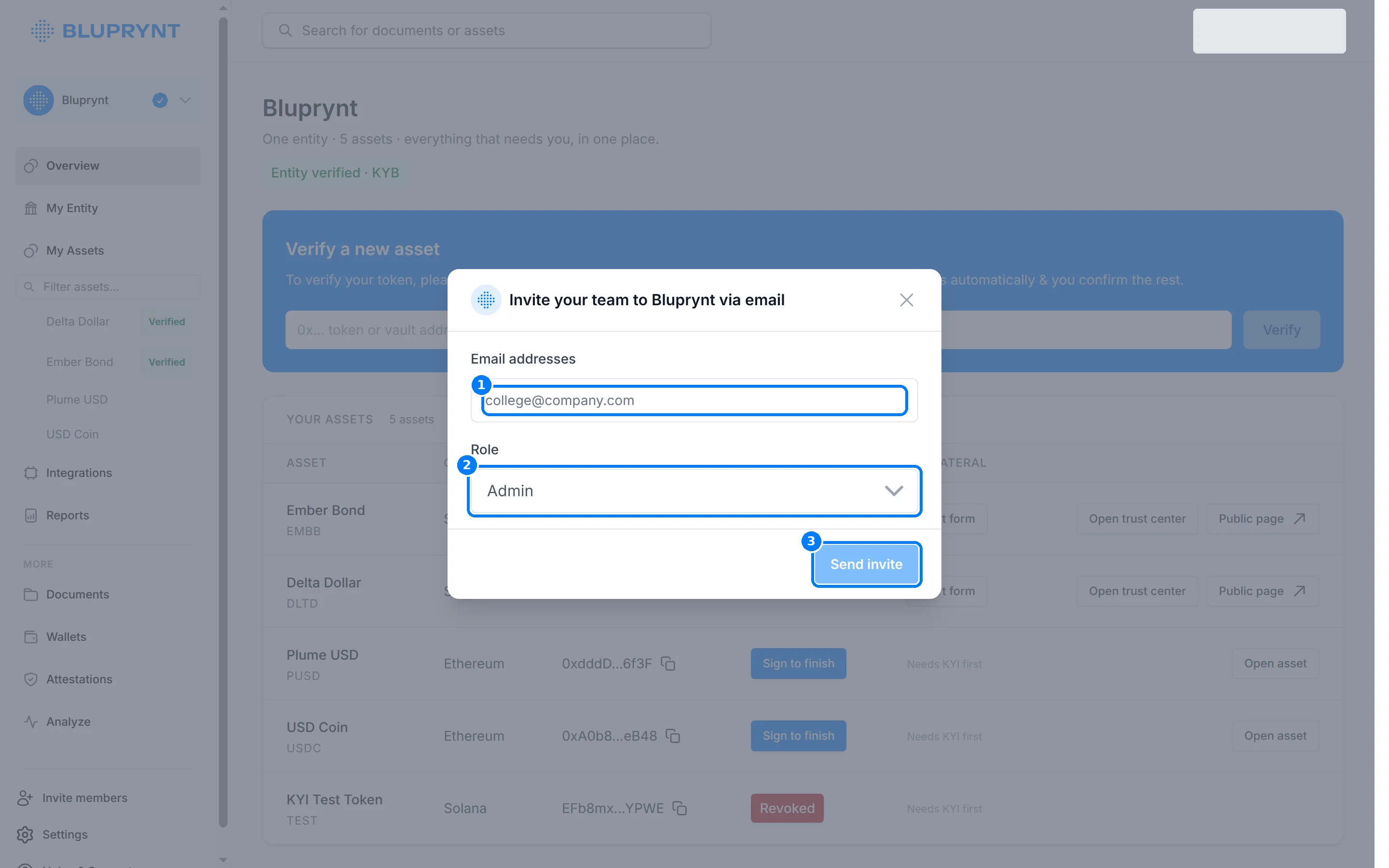 Invite your team to Bluprynt via email dialog with callouts on Email addresses, Role and Send invite.